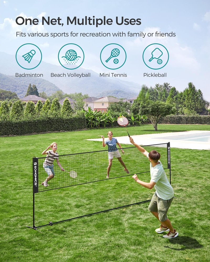 SONGMICS 13 ft Badminton Net, Height Adjustable Volleyball Net, Pickleball Net with Poles, Foldable Nylon Net for Tennis Indoor Outdoor Court, Black USYQ400H