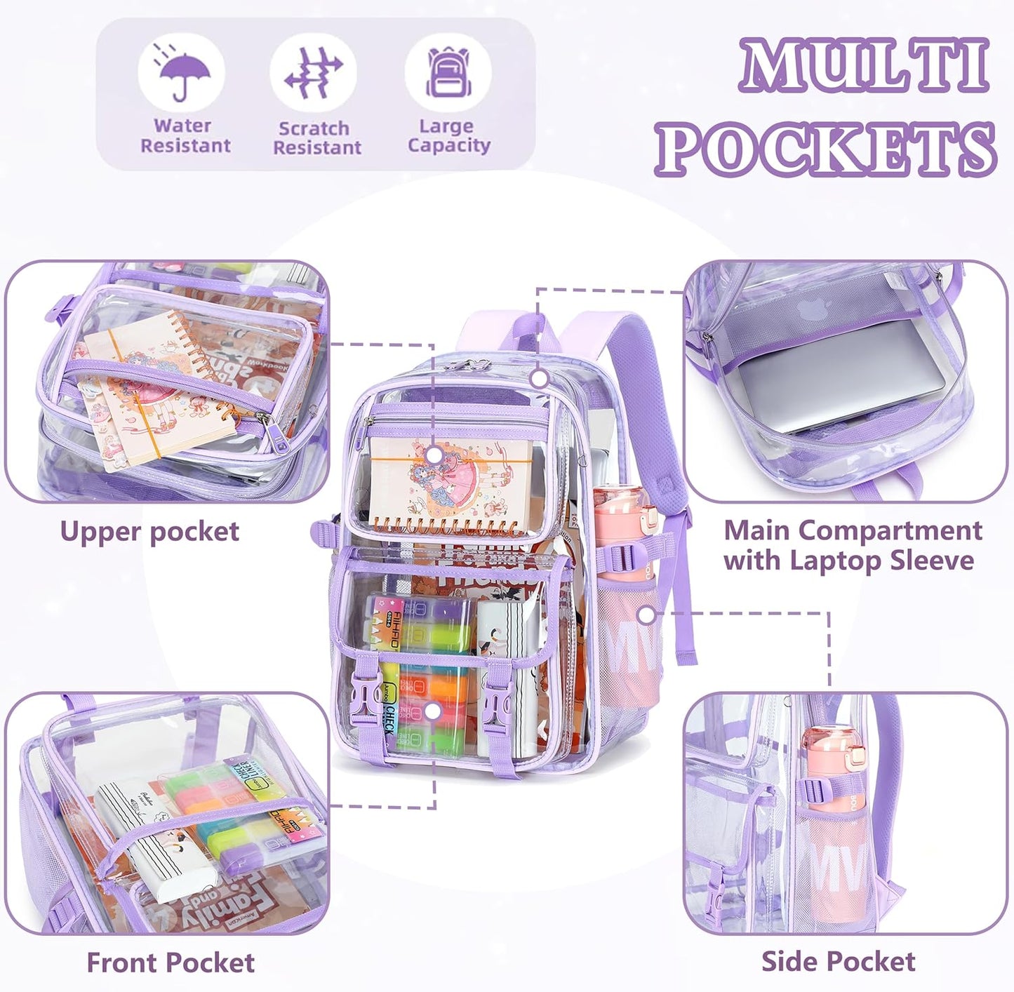 Skiennix Large Clear Backpack - Heavy Duty PVC Transparent Design for 16-Inch Laptops | Purple