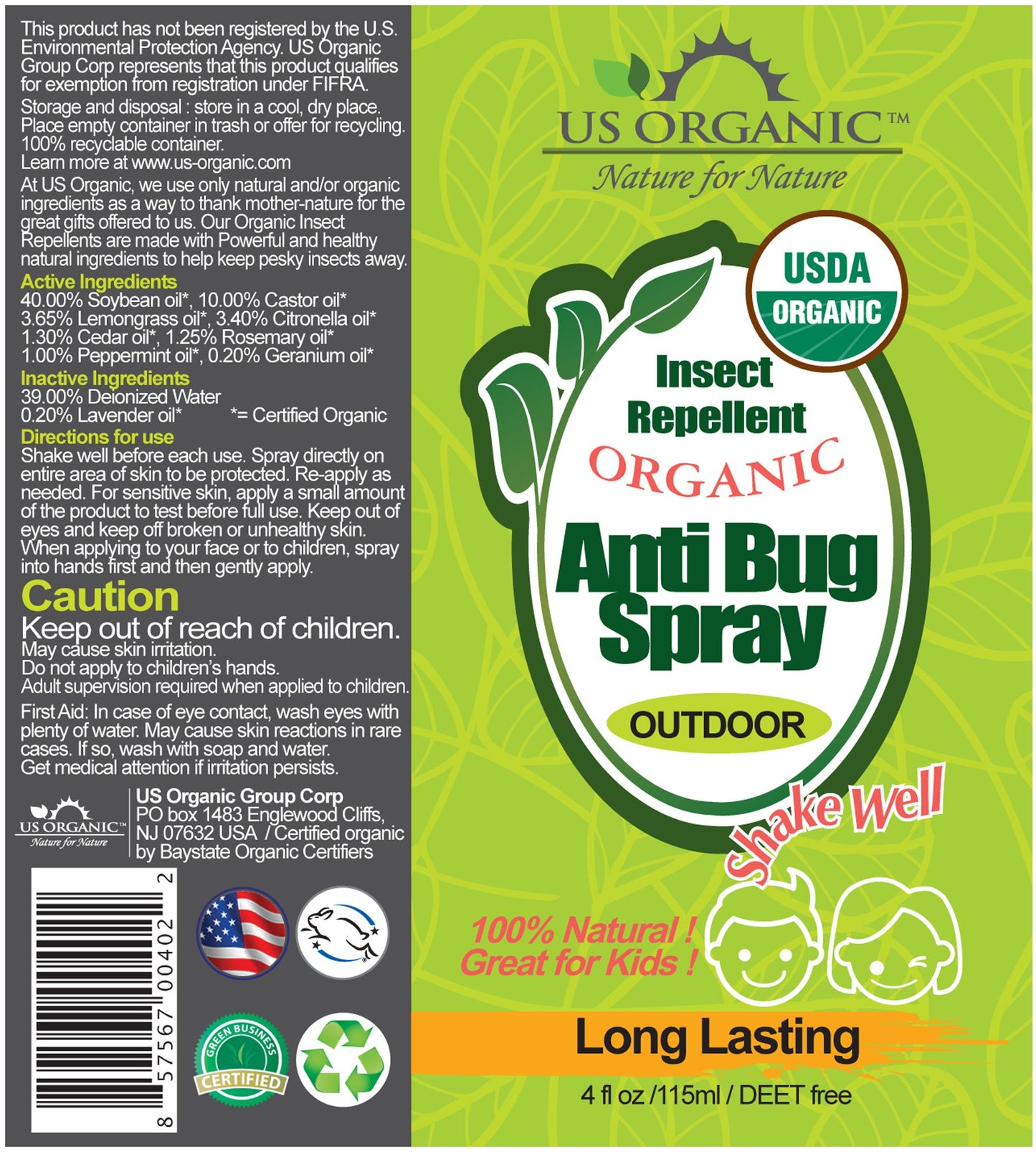 US Organic Mosquito Repellent Anti Bug Outdoor Pump Spray, 4 oz, Certified Organic, DEET-Free, Natural Insect Protection for Camping, Hiking, Travel