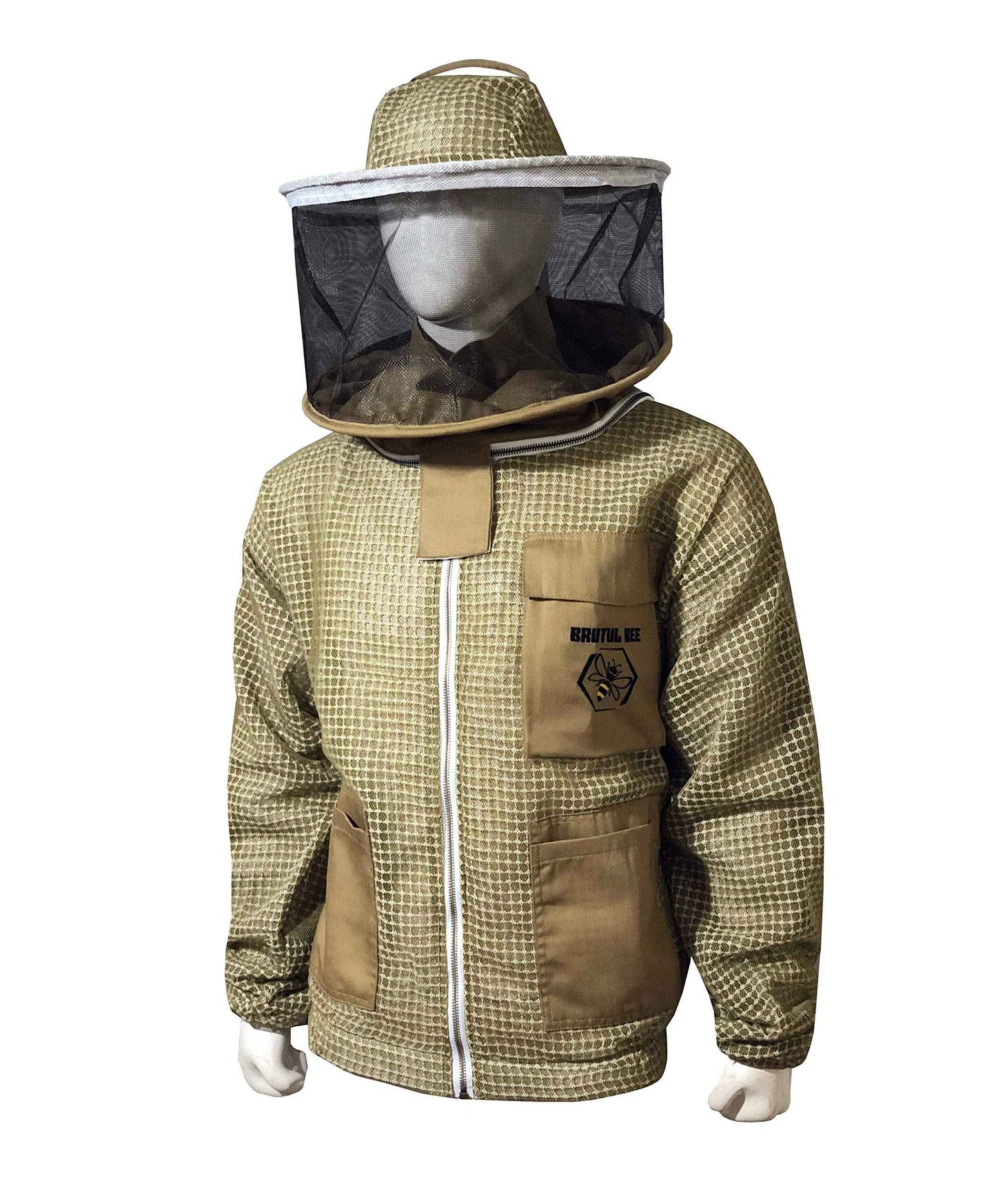 Brutul Bee 3 Layer Beekeeping Ultralight Ventilated Jacket with Round Veil (2XL, Khaki)