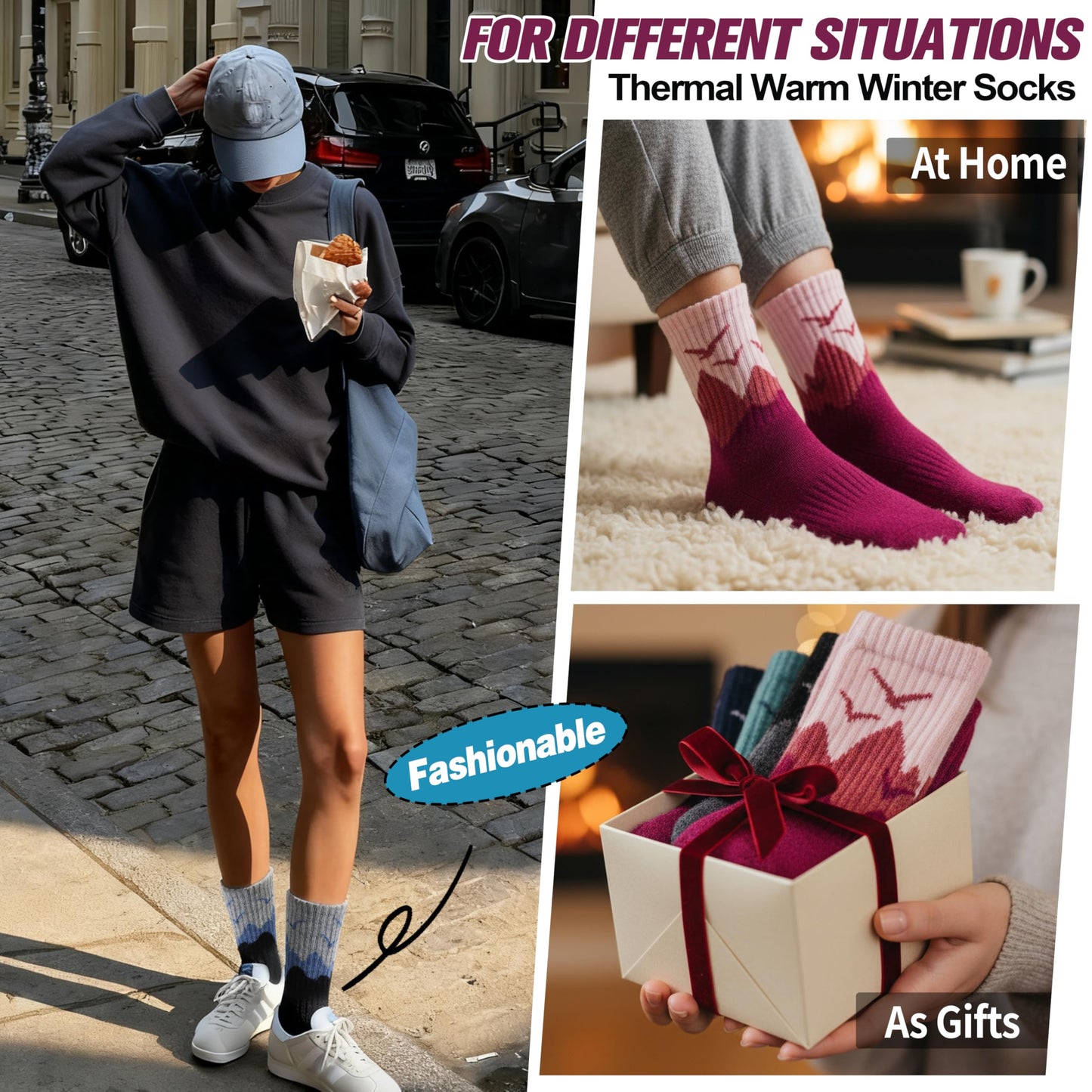 EBMORE Womens Merino Wool Hiking Socks Thermal Warm Winter Boot Crew Cushion Work Gift Socks 5 Pairs(Dark Gray/Black/Rose Red,L)