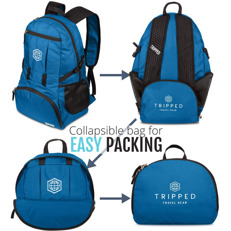 TRIPPED Travel Gear Traveling Backpack- Foldable Collapsible Lightweight Backpack for Travel (Light Blue) 35 liters