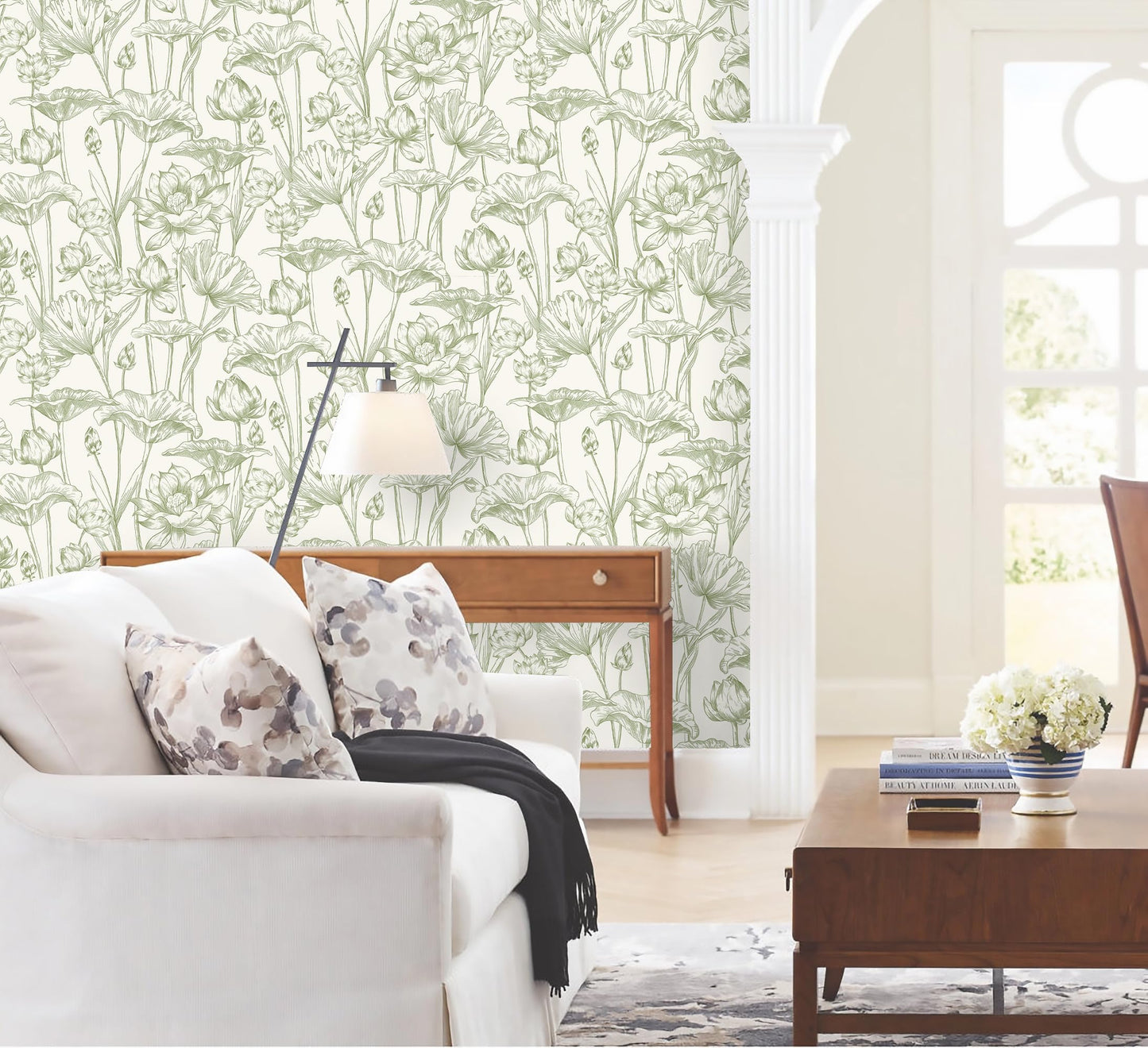 Vinjiasin Peel and Stick Wallpaper Green Floral Contact Paper Boho Modern Lotus Wall Paper for Bedroom Bathroom Living Room Self Adhesive Removable Flower Leaf 17.3"x 78.7"