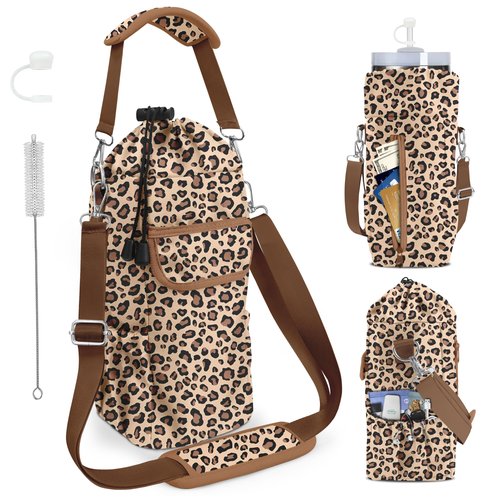 Leopard Water Bottle Holder with Strap,Water Bottle Carrier Bag with Phone Pocket for Stanley Cup 40/32/30oz Tumbler, Insulated Crossbody Sling Bottle Pouch with Adjustable Shoulder for Hiking Camping