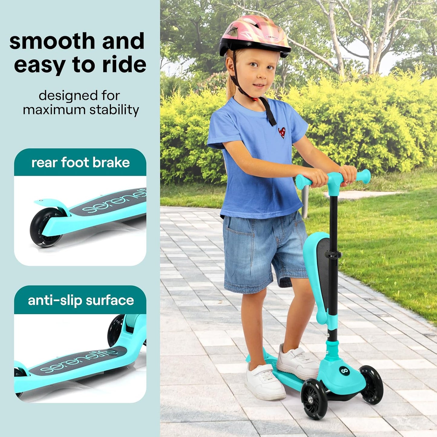SereneLife 3-Wheel Kids Scooter - Foldable Design, LED Wheel Lights, Adjustable Handlebar | For Toddlers & Kids 3+, Up to 110 lbs