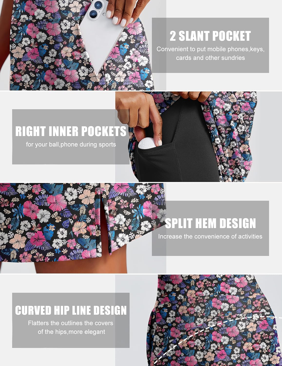 PINSPARK Knee-Length Golf Skorts for Women - UPF 50+ High-Waisted Athletic Tennis Skirt with 3 Pockets