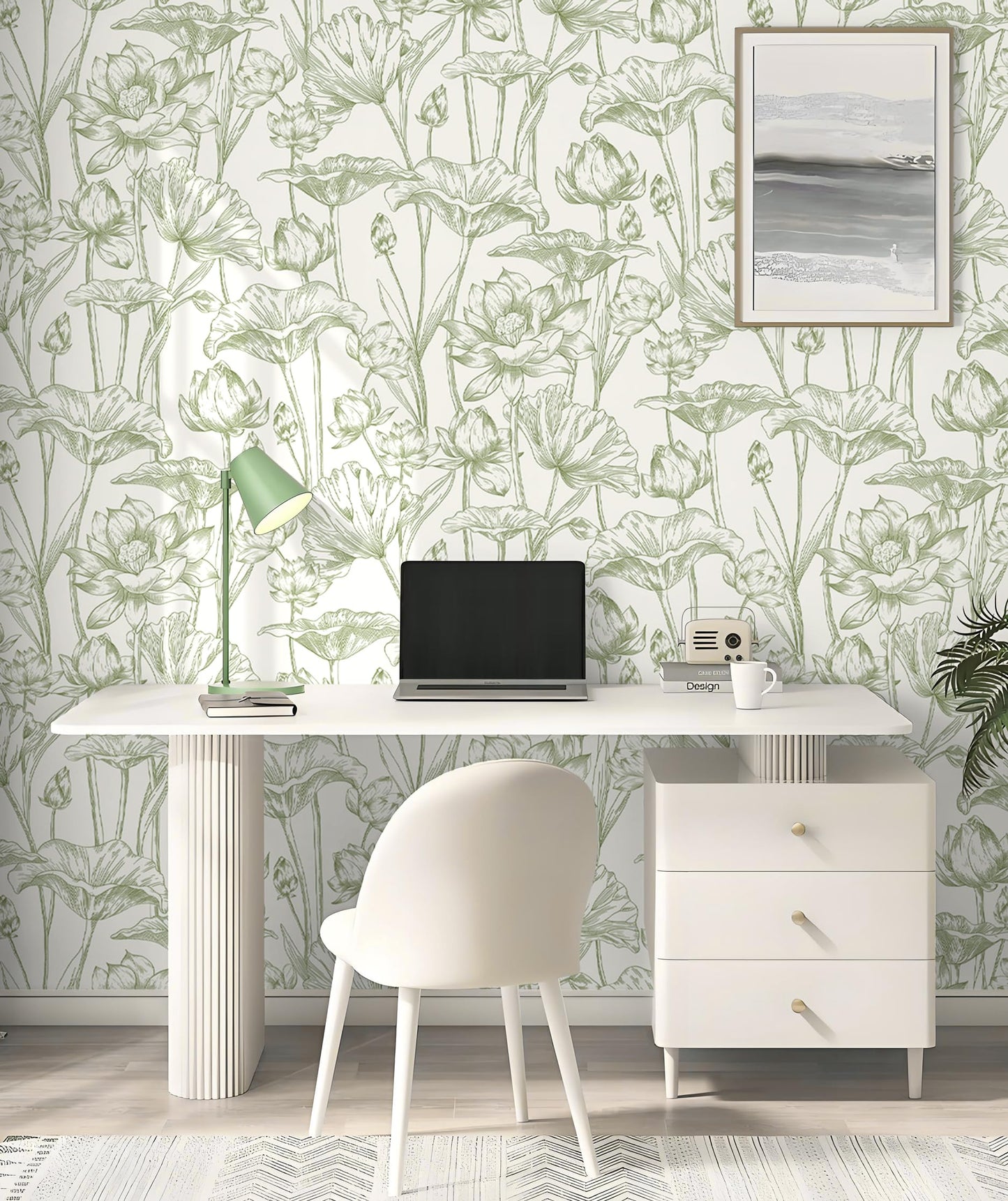 Vinjiasin Peel and Stick Wallpaper Green Floral Contact Paper Boho Modern Lotus Wall Paper for Bedroom Bathroom Living Room Self Adhesive Removable Flower Leaf 17.3"x 78.7"