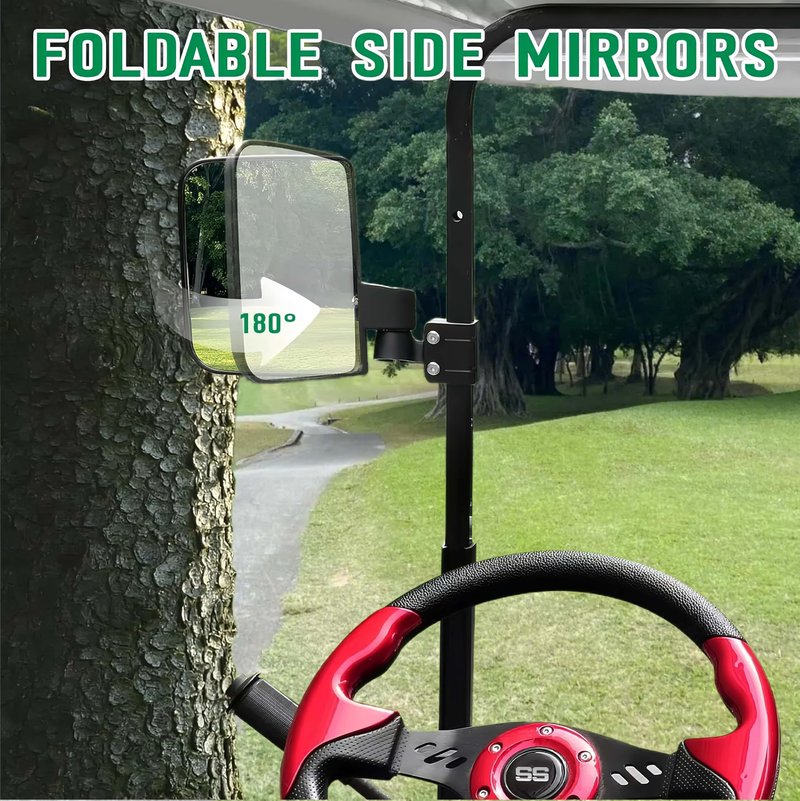 WUKO HUNT Golf Cart Side Mirrors - No Drilling Extra Large HD Glass, Universal Fit for EZGO, Yamaha, Club Car & EPI. 180° Adjustable Folding Rear View Mirrors with 3 Size Clips