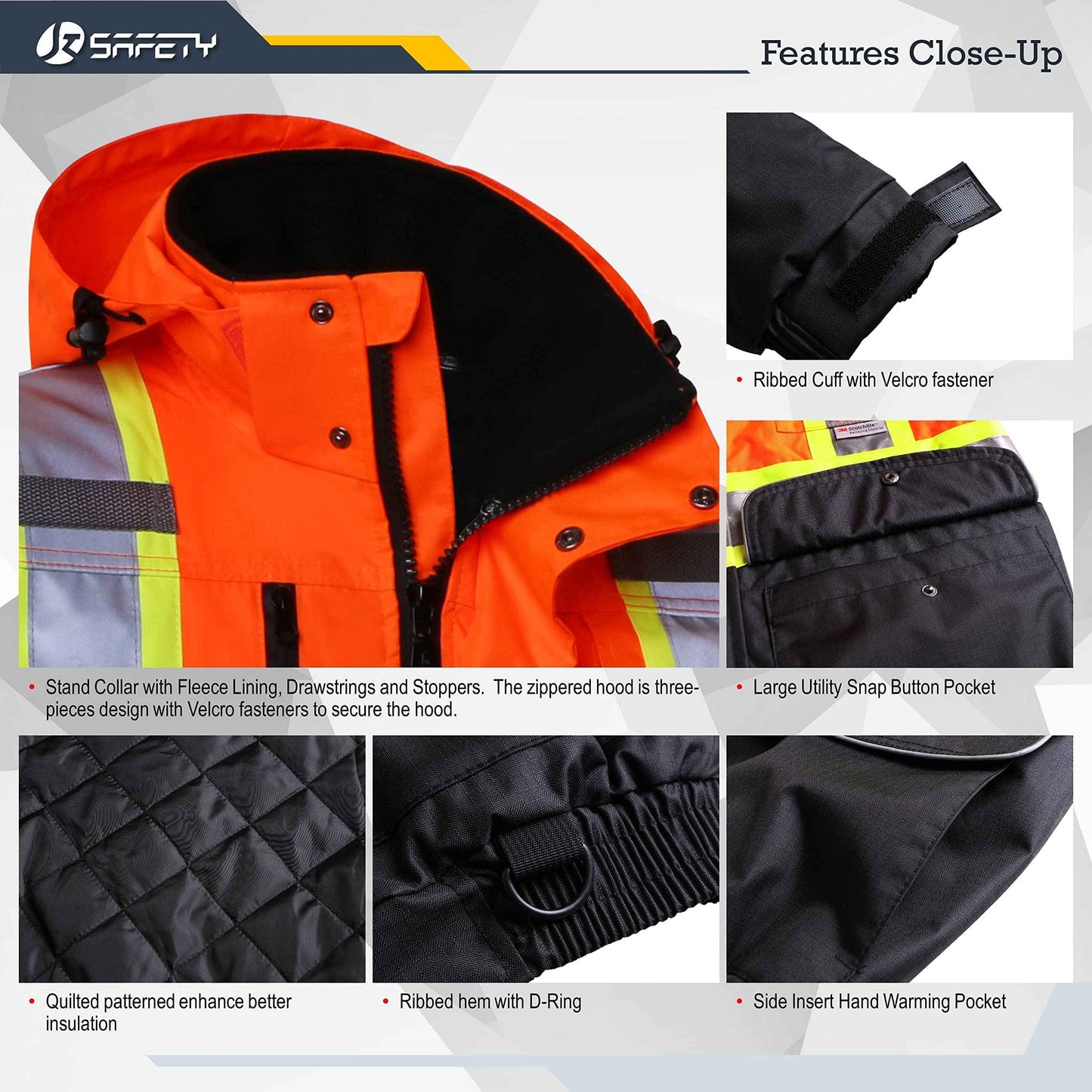 JKSafety 10 Pockets Hi-Vis Waterproof 3M Reflective Winter Bomber Jacket for Men Women | Secured Tablet Pocket | Detachable Hood and Retractable ID Pocket (118-Orange-Black, L)