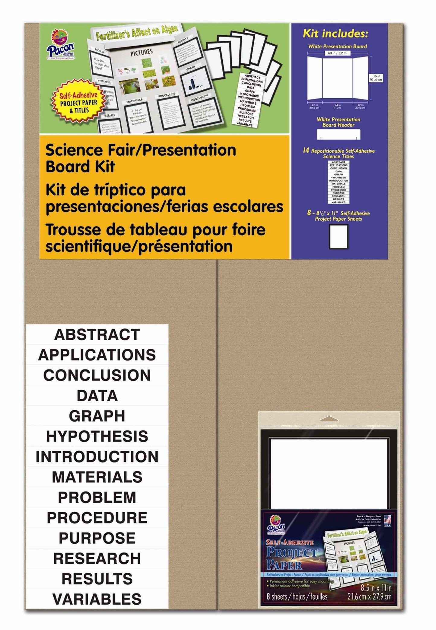 Pacon Presentation Board Kit, White, Includes Self-Adhesive Project Papers, 48" x 36", 1 Kit