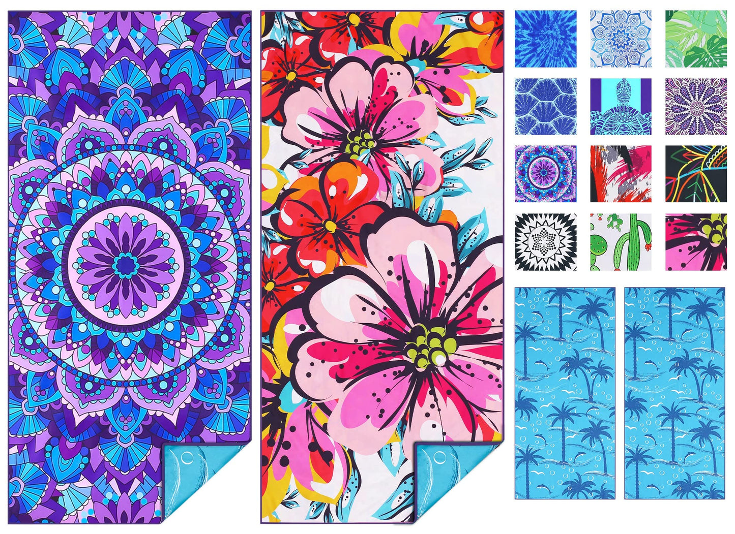 TwoYek Microfiber Sand Free Beach Towel Oversized Thin Large Fast Dry Super Absorbent Lightweight Bath Towels for Travel Pool Swimming Camping Girls Women Men Adults 2 Pack Blue Mandala Turtle