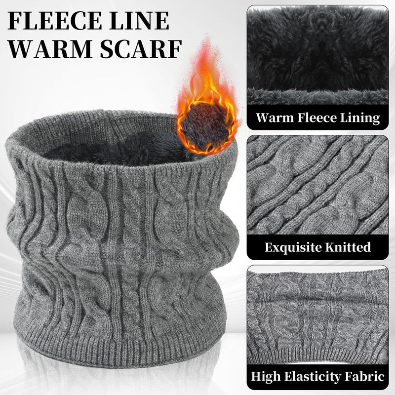 Men Beanie Hat Scarf Touchscreen Gloves Set Winter Warm Knit Fleece Lined Thick Thermal Neck Warmer Dark Grey Cap with Earflap for Cold Weather Outdoor
