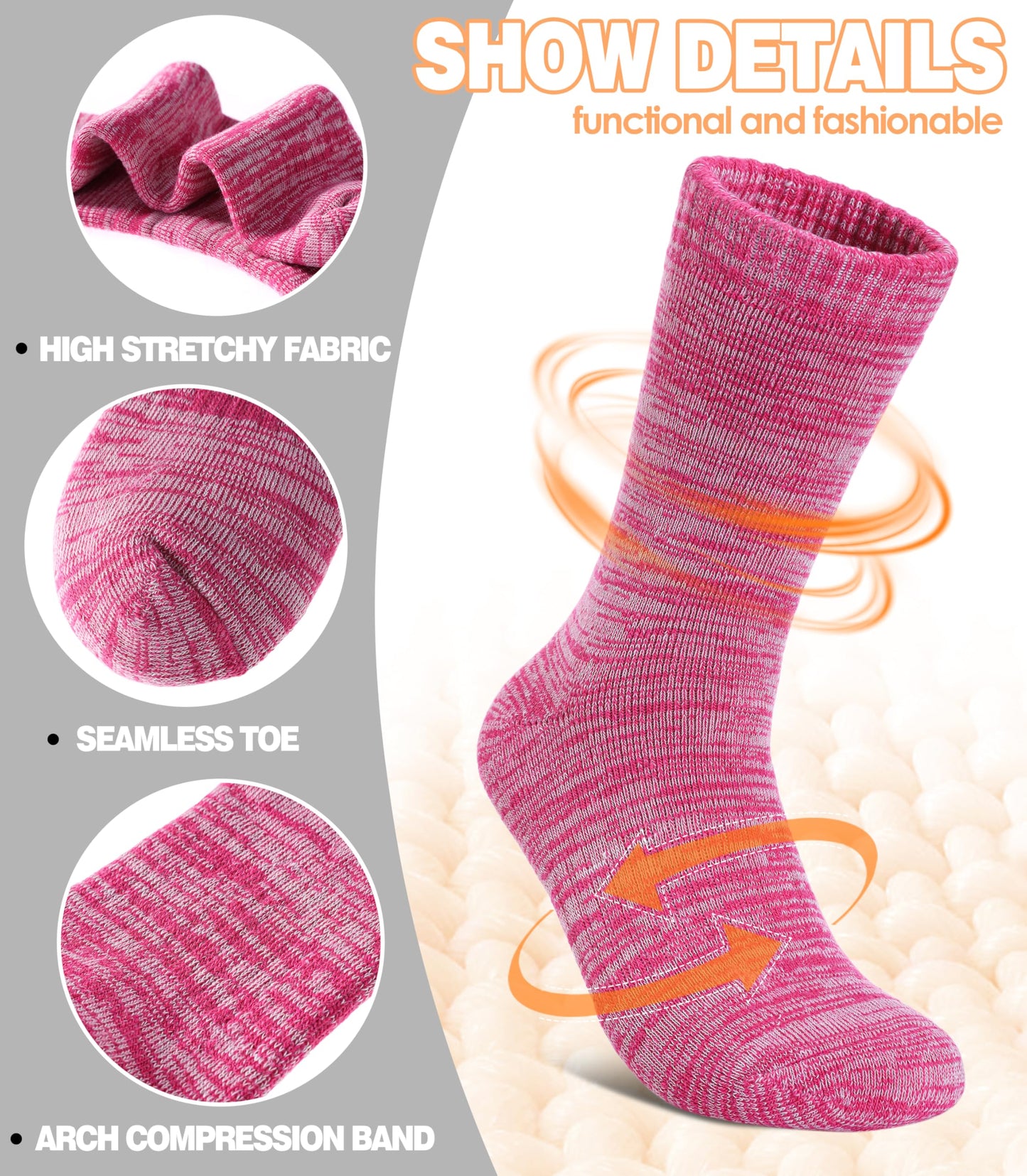 LANLEO Merino Wool Hiking Socks for Women Men Thermal Extra Thick Winter Warm Comfy Cushioning Crew Boot Socks 4 Pairs Rose Red/Pink/Dark Purple/Light Purple,Medium