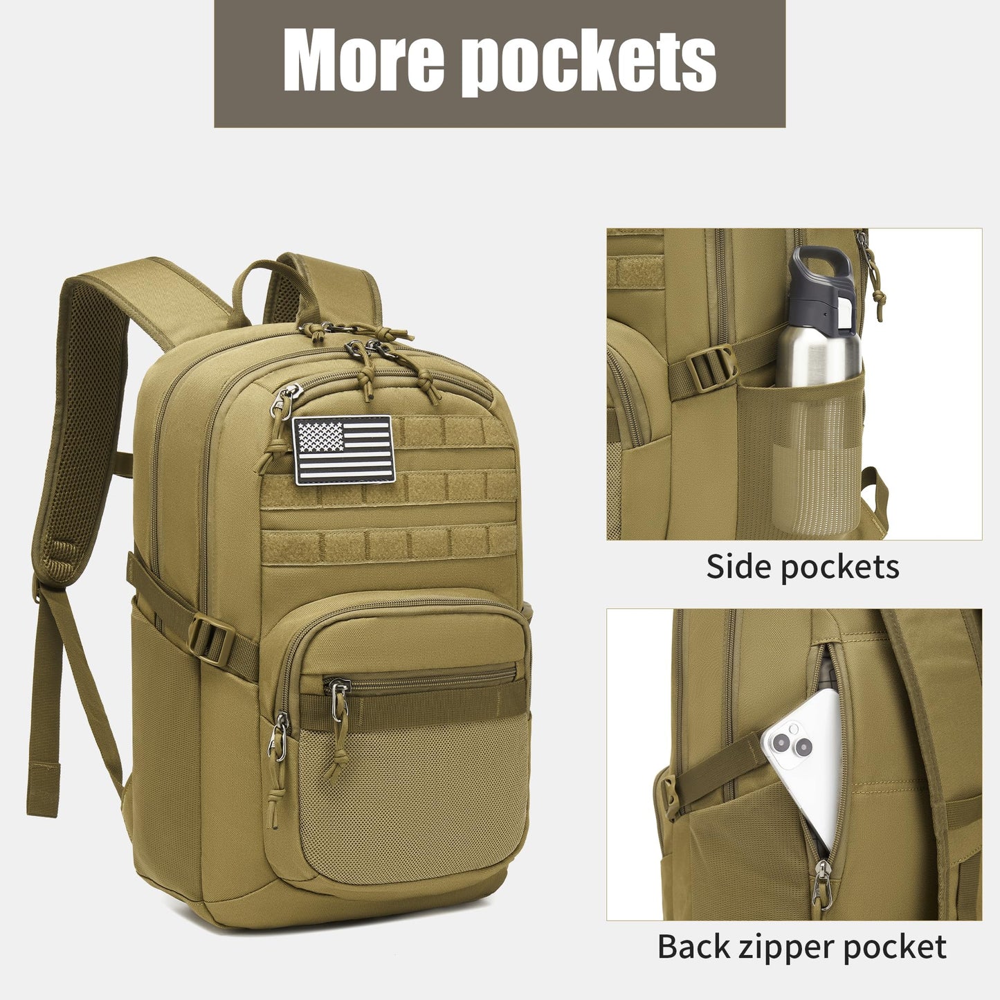 Wotony Military Tactical Backpack for Men Army 3 Days Assault Pack Bag with Molle System for Outdoor Adventures (khaki, 25L)