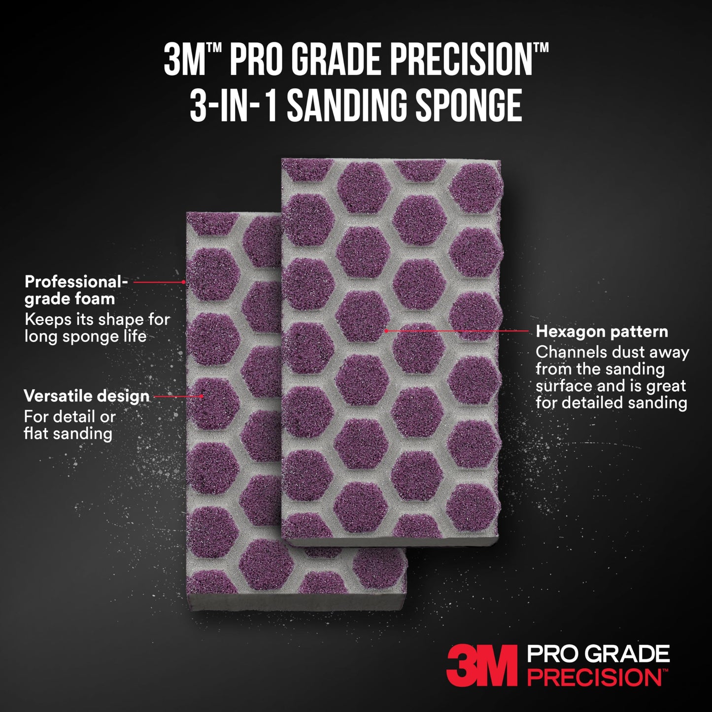 3M Pro Grade Precision 3-in-1 Sanding Sponge, 180 Grit Medium, 2 Sponges, Washable & Reusable, for Wood, Metal, Drywall, and Paint Prep – Flexible Foam, Contoured, Angled, Flat