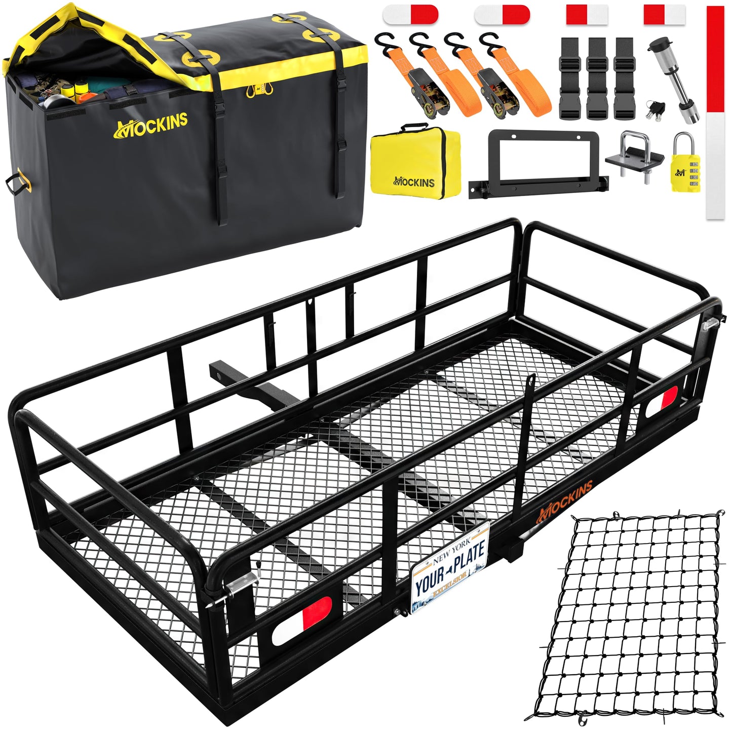 Mockins 60"x24"x14" High Rail Trailer Hitch Cargo Carrier w/License Plate Bracket & 30 Cu.Ft. Waterproof Cargo Hitch Carrier Bag | 500 Lbs. Cap All-Weather Folding Luggage Rack for SUV Truck & Car Set