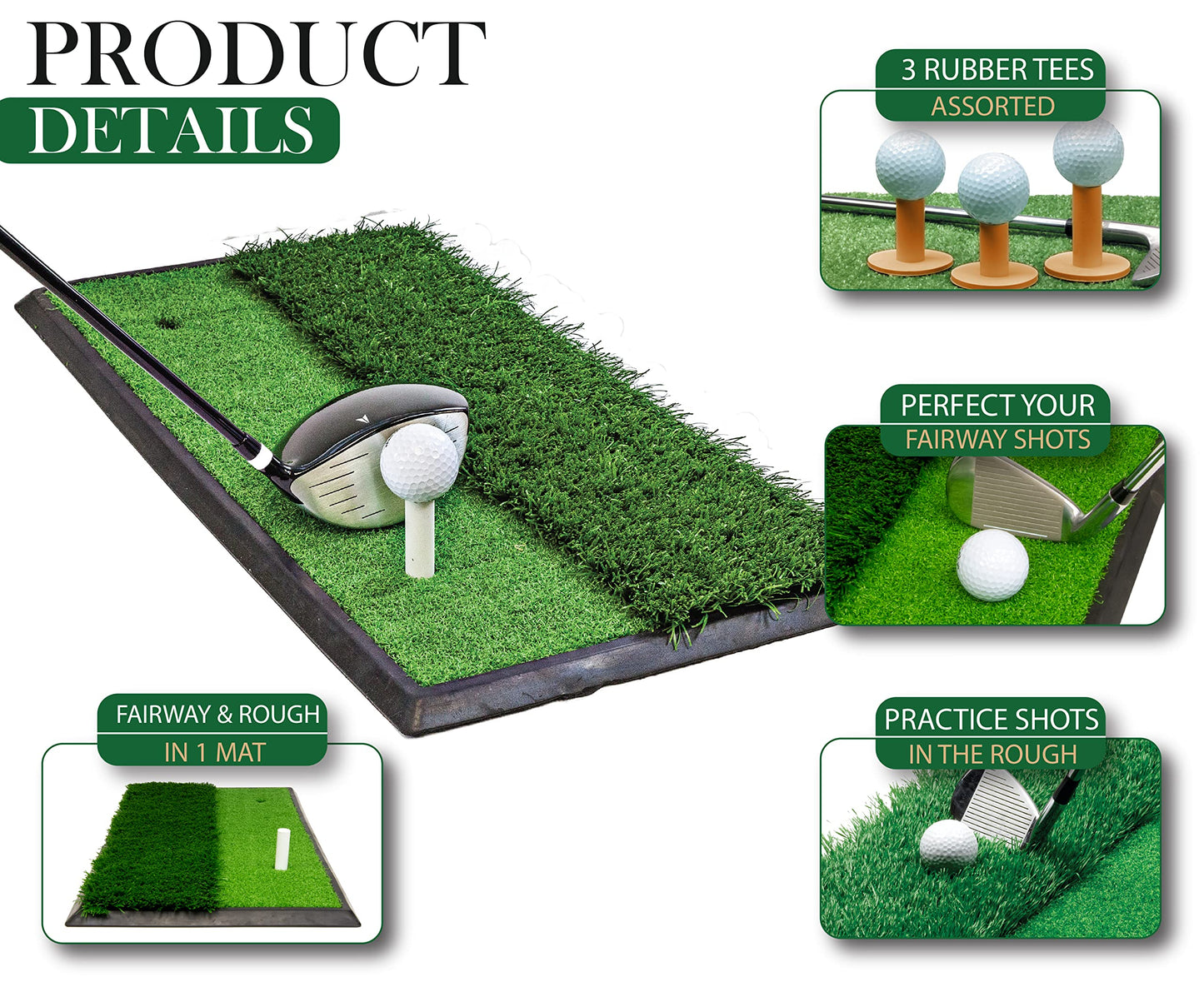 JEF WORLD OF GOLF Fairway and Rough Portable Turf Practice Mat, Green, 12" x 24"