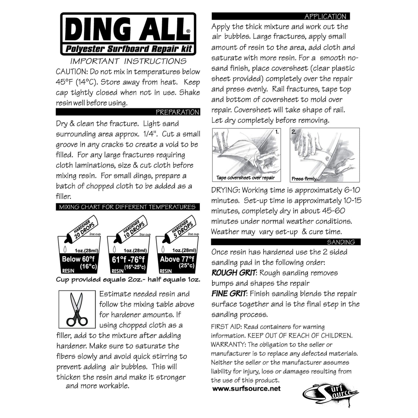 Ding All 2 Oz Polyester Repair Kit for Small to Medium Sized Polyester Surfboards Repairs