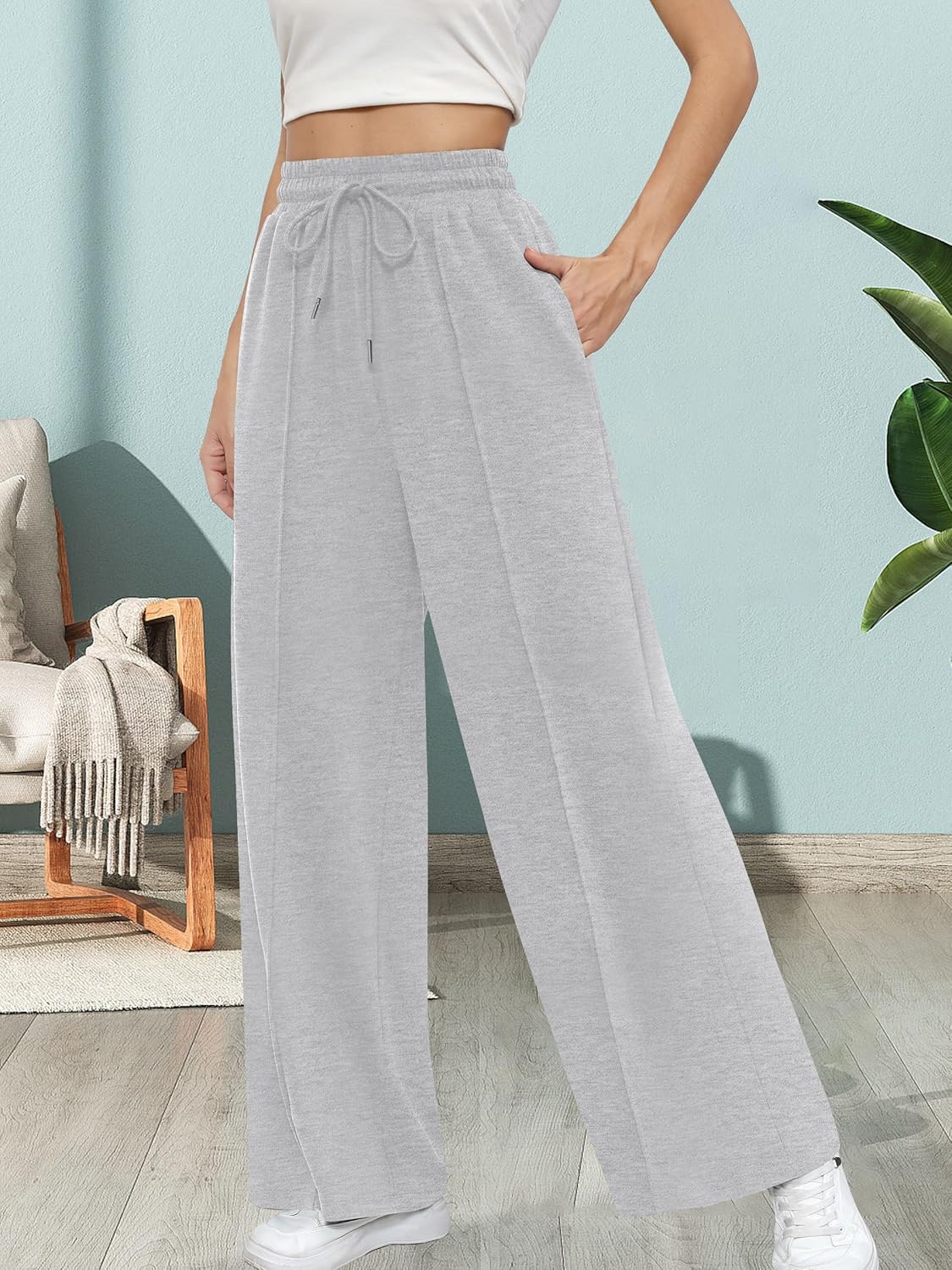Missufe Women's High Waist Wide Leg Casual Joggers - Comfortable Lounge Pants with Pockets