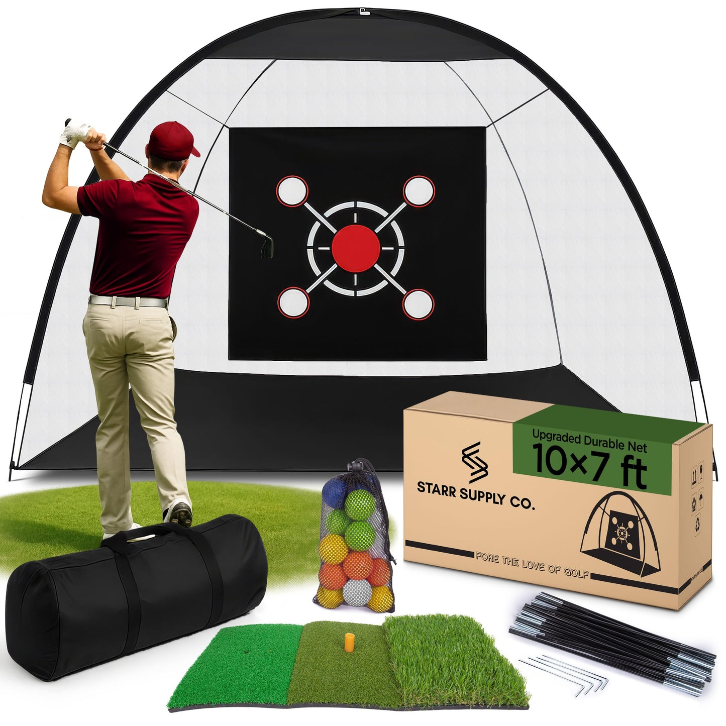 Golf Practice Net for Backyard 10x7ft – Golf Hitting Net for Backyard with Tri-Turf Mat, 20 Pack Foam Balls, Training Driving Chipping Swing – Indoor Outdoor Sports for Men, Dad, or Home Training