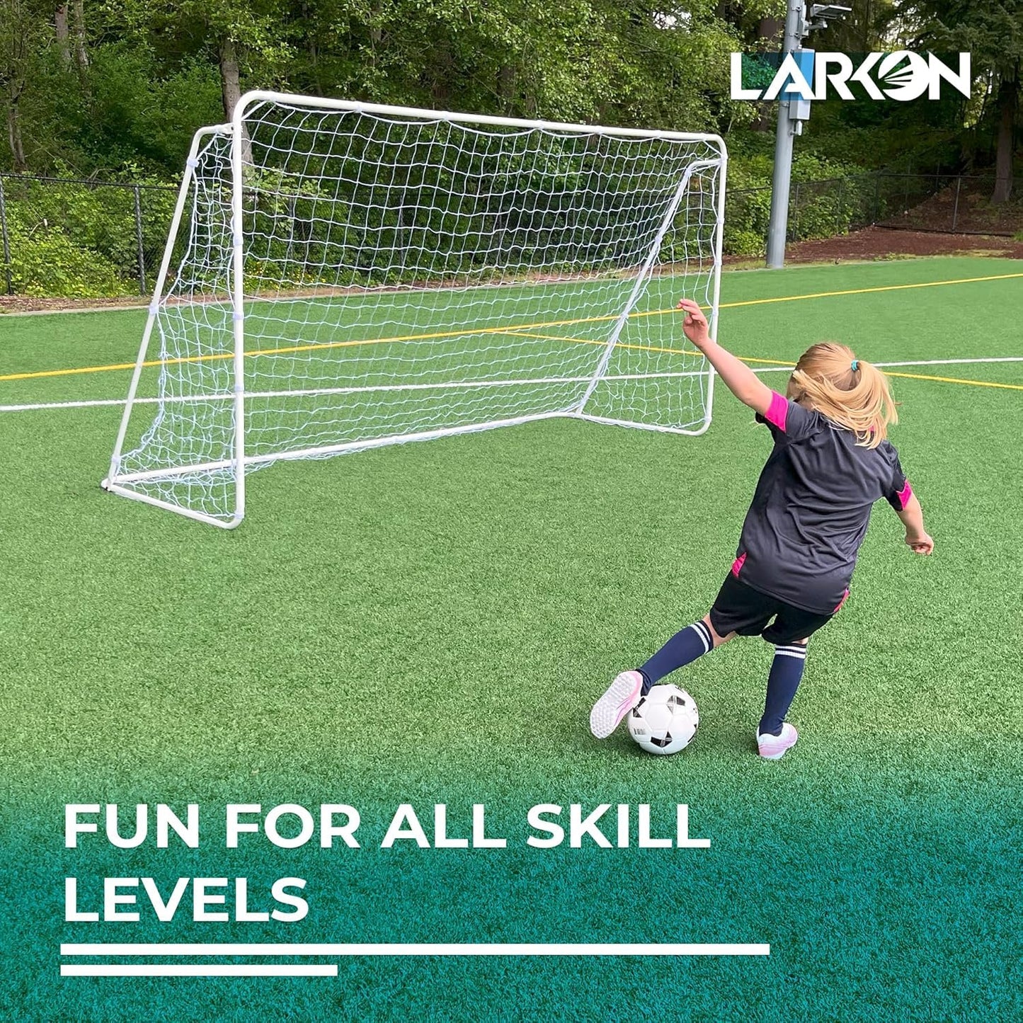 Soccer Goal 12×6 – Larkon – Backyard, Training and Tournament Size – Durable Rust-Free Guarantee Steel Frame for Kids and Adults – with Net, Cones, Storage Bag, Stakes and Easy Assembly