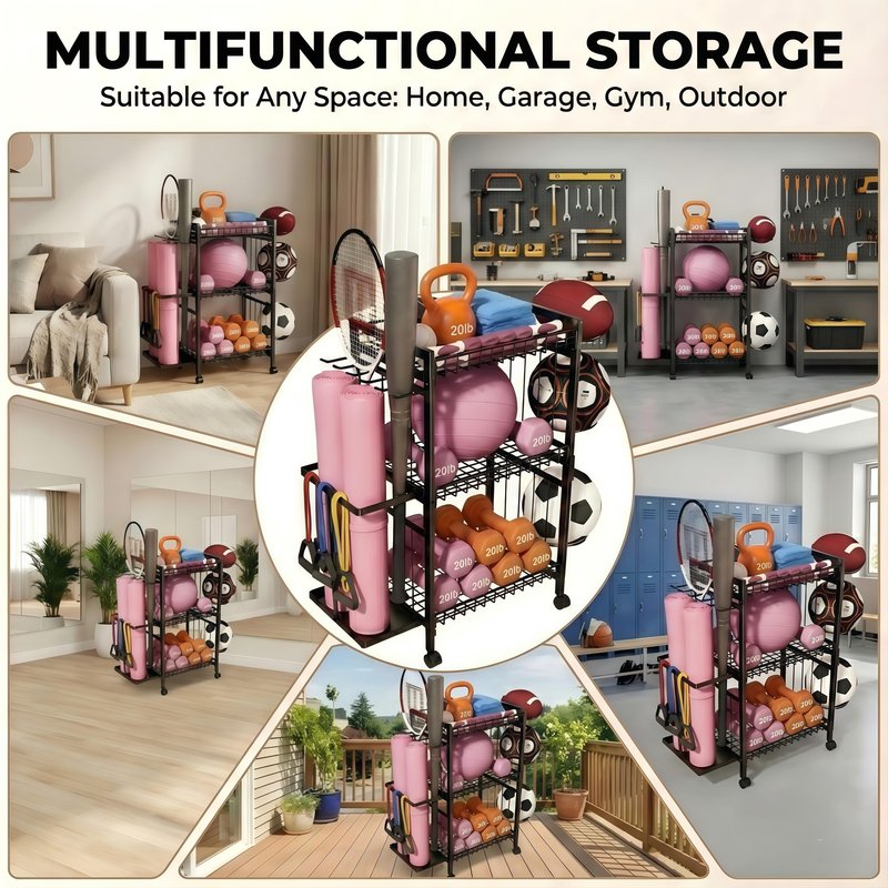 ULAIHOMN Home Gym Storage Rack, 3-Tier Dumbbell Rack with Ball Holder & Side Basket, Heavy Duty Vertical Workout Equipment Organizer for Yoga Mats, Lockable Wheels