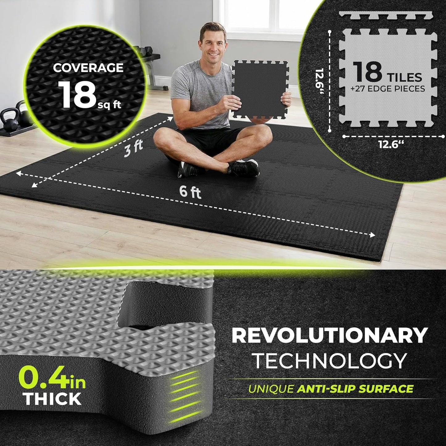 Bemaxx Gym Mats Set - 18 Pcs EVA Interlocking Foam Floor Tiles | 12.6"x12.6"x0.4" | Durable Protective Flooring for Home Workout & Fitness