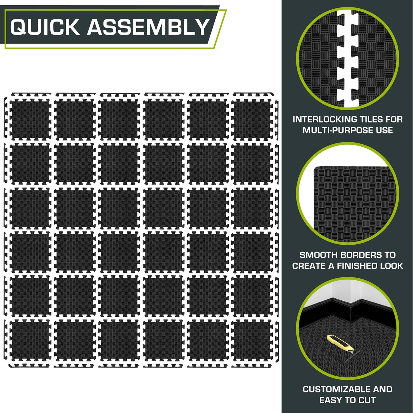 ProsourceFit Exercise Puzzle Mat - Non-Slip EVA Foam Gym Tiles | ½-Inch Thick, 36 SQ FT, Black, 36 Pieces