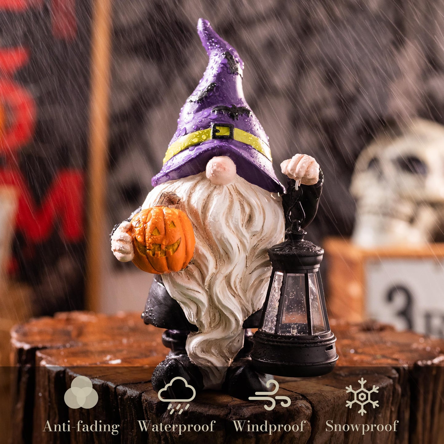 TERESA'S COLLECTIONS Halloween Decorations Garden Gnomes Statues with Solar Lights,Cute Purple Bat Hat Resin Decor with Lantern for Home,Table,Outdoor,Yard,Pumpkin Jack-o-Lanterns,Gifts for Party,8"