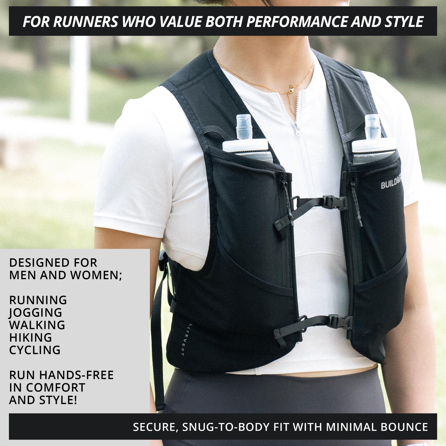 Build & Fitness LITEVEST Running Vest with 2X 500ml Soft Flasks – 7 Pockets, Lightweight, Breathable Hydration Vest – Premium, Secure, Comfort & Style for Training, Trails, Marathons & Everyday Runs