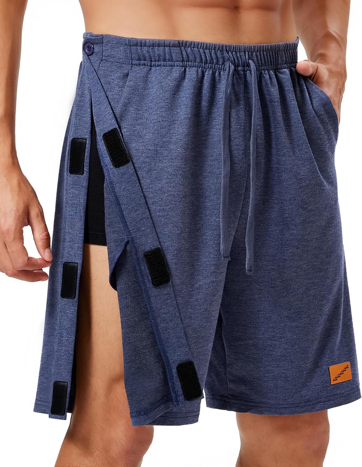 Skiennix Men's Tear Away Shorts - 8" Cotton Snap Pants with Deep Pockets for Hip/Knee Surgery Recovery