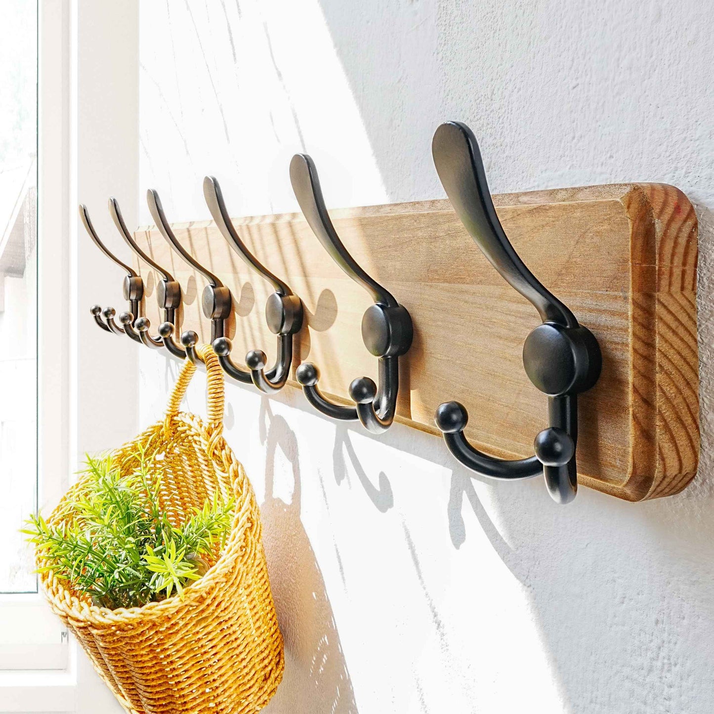 Dseap Coat Rack Wall Mounted - 24" Long 6 Tri Hooks, Heavy Duty Wooden Wall Coat Hanger Coat Hook for Clothes Hat Jacket Clothing, Weathered Brown and Black, Pack of 2