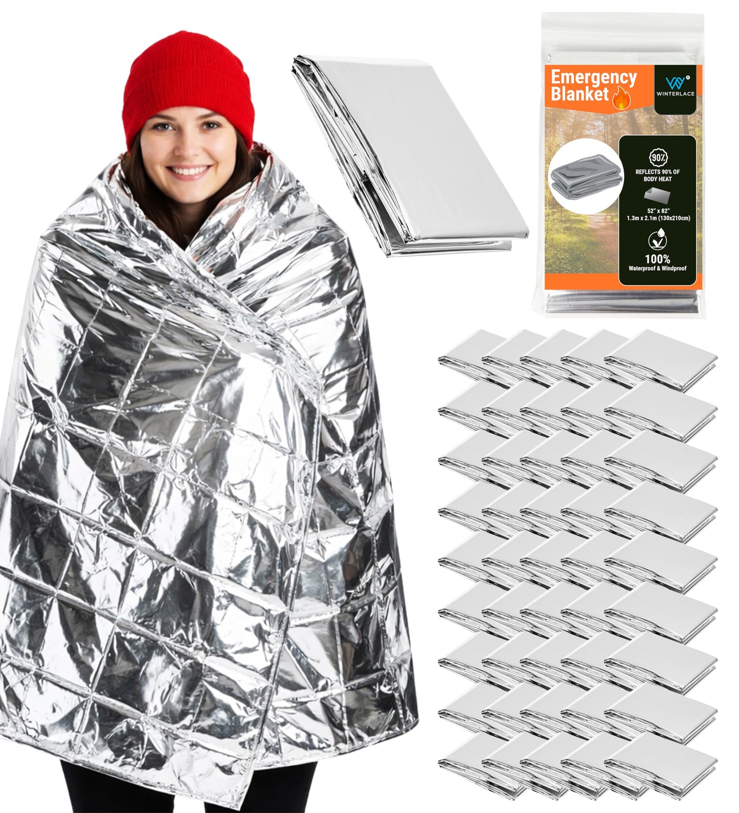 Winterlace Emergency Blankets 50-Pack (52” x 82”) Thermal Mylar Survival Rescue Camping Heat Reflective (50)