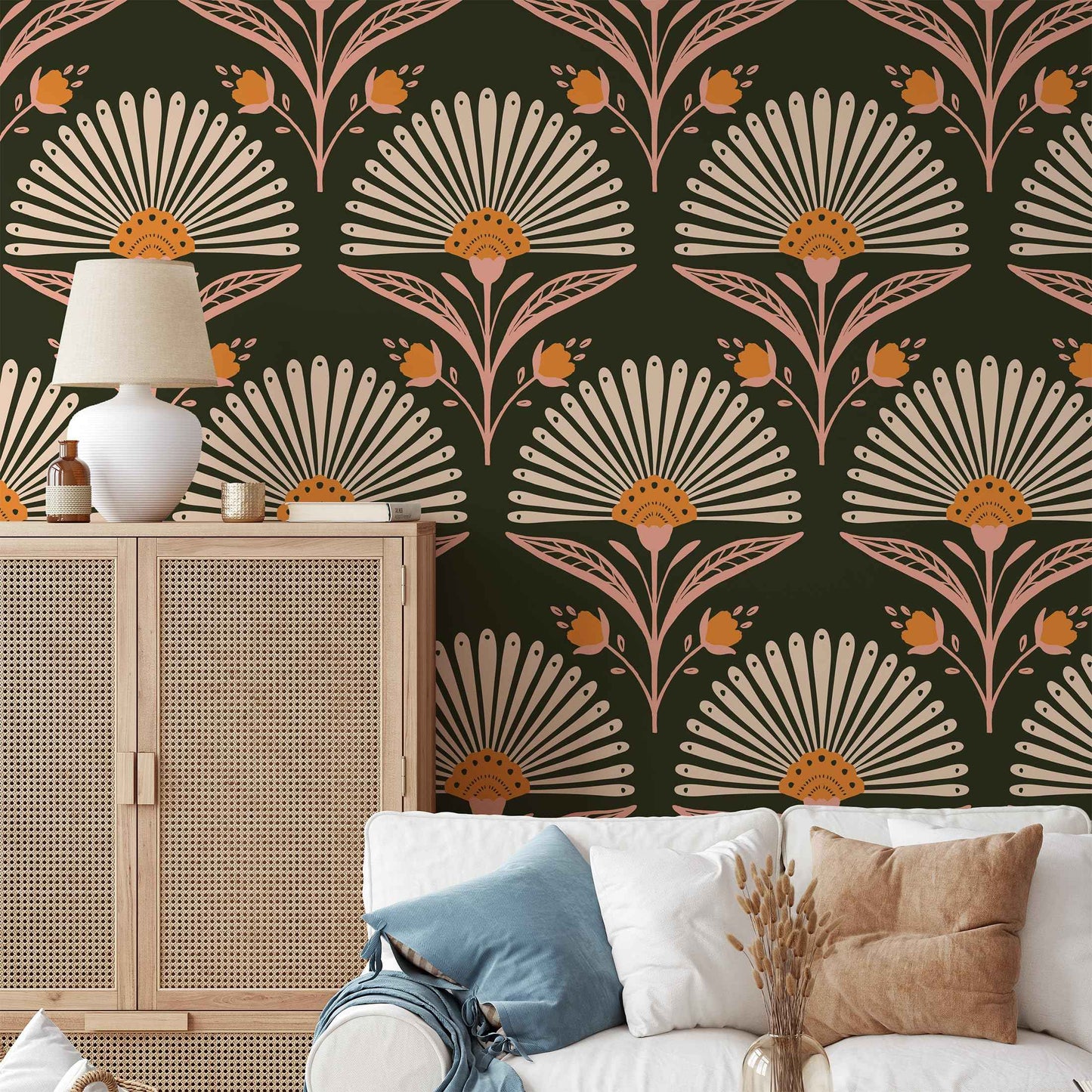 Peel and Stick Wallpaper -Blooming Fan Shaped Floral Wallpaper, Removable Contact Paper in Black Modern Design for Bathroom, Bedroom, Living Room Laundry Decor 17.7”×118”