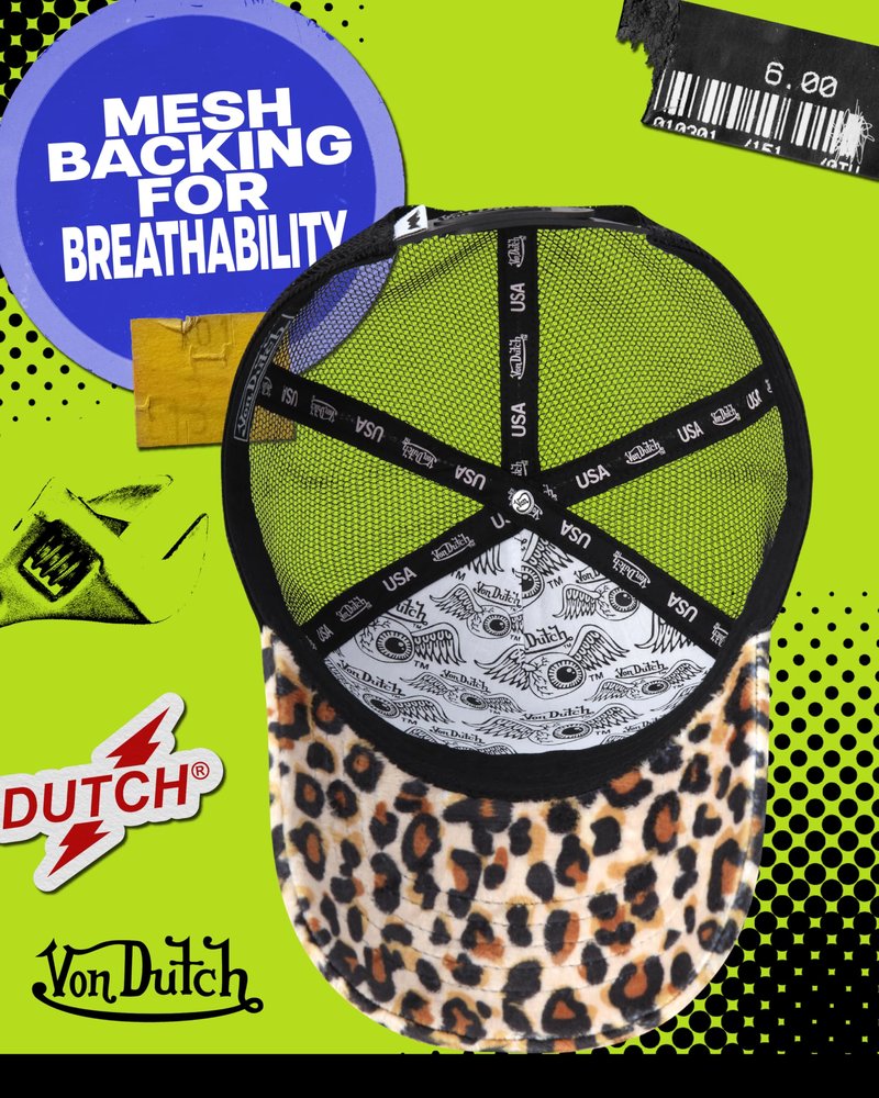 Von Dutch Unisex Trucker Hat - Velvet Curved Bill Mesh Back Retro Classic Adjustable Snapback Baseball Cap for Men and Women, Size One Size, Natural Leopard