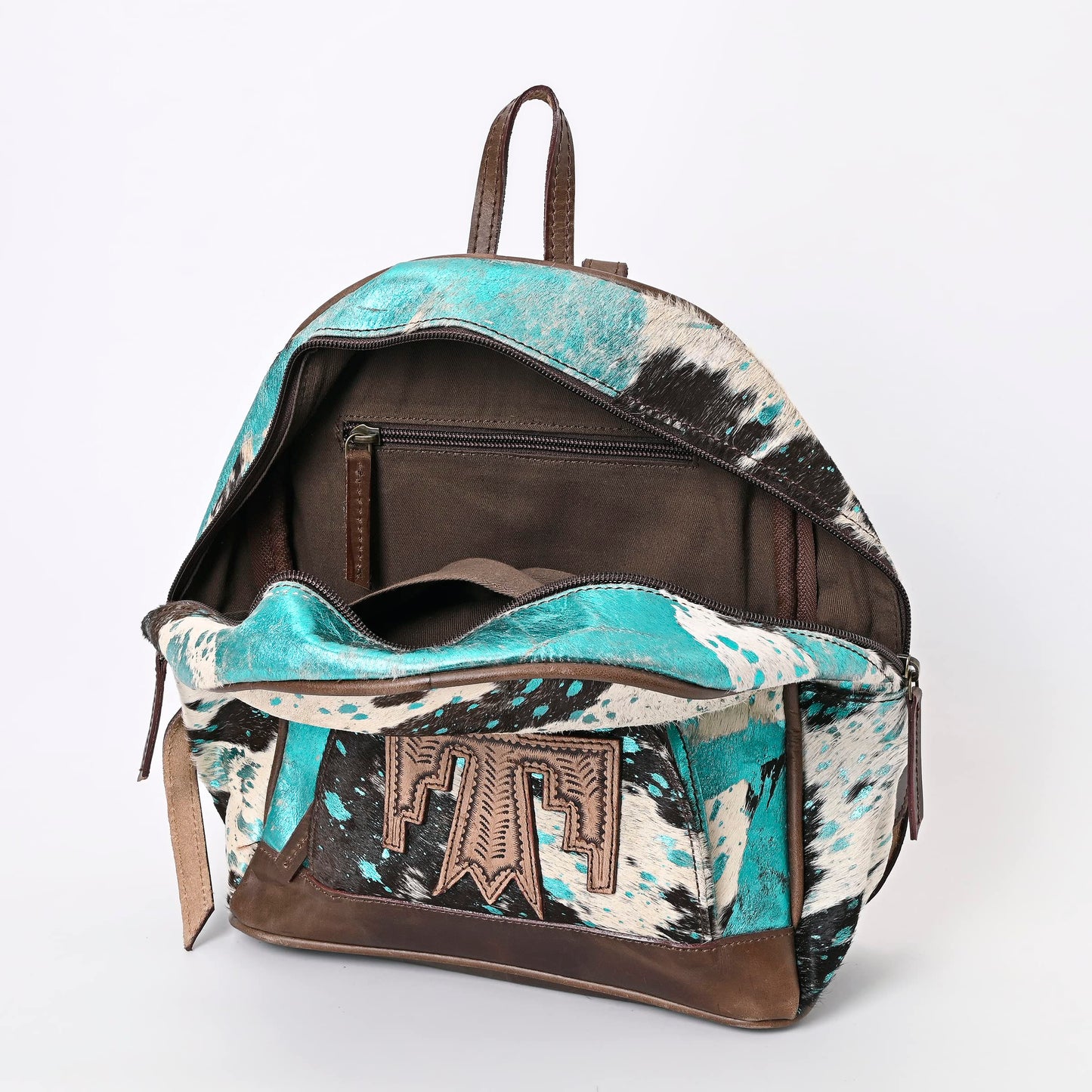 Merbaa Handmade Cowhide Leather Cotton Lining Zipper Closure Fashion Backpack For Women With Eagle Tooling Patch in Front, Teal Blue