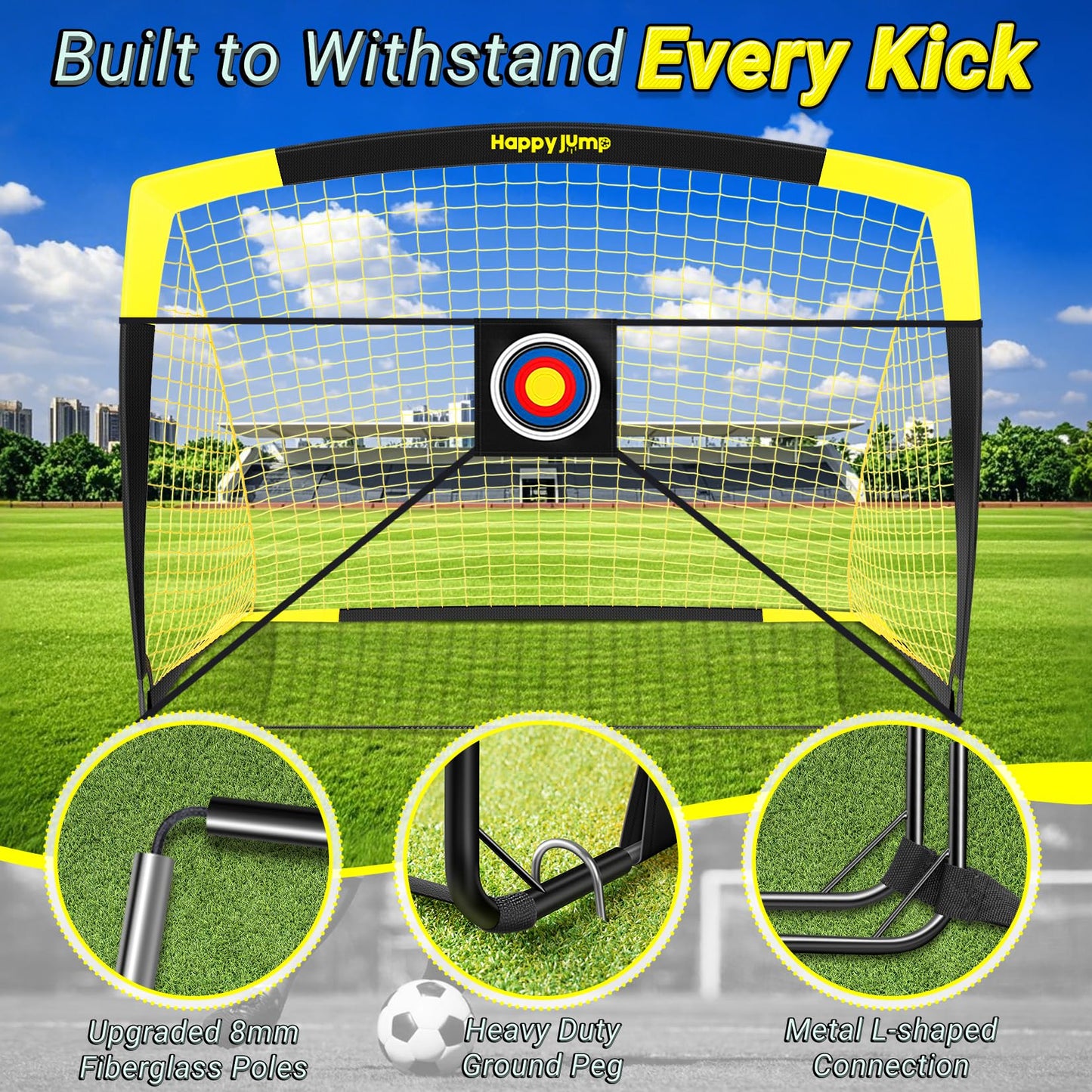 Happy Jump Folding Soccer Goal for Backyard, 2.1 x 1.5 Meters, 1.5 x 1.1 Meters, 1.2 x 0.9 Meters, 0.9 x 0.7 Metres