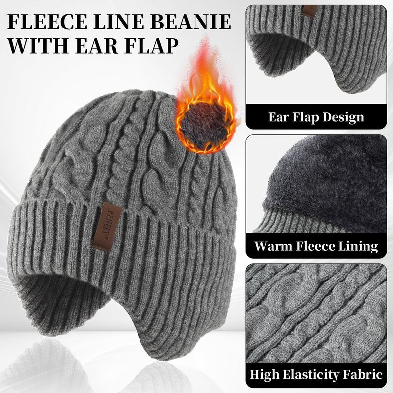 Men Beanie Hat Scarf Touchscreen Gloves Set Winter Warm Knit Fleece Lined Thick Thermal Neck Warmer Dark Grey Cap with Earflap for Cold Weather Outdoor