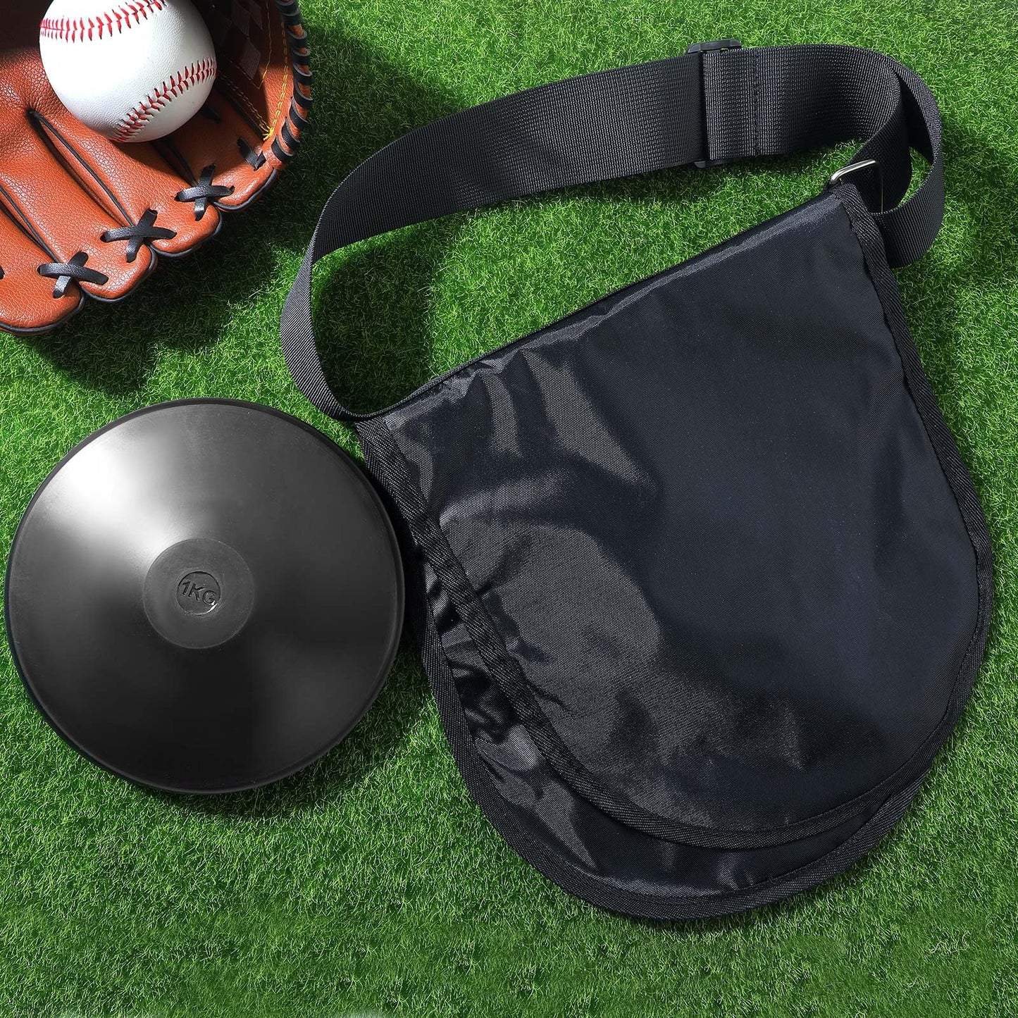ShinyRelief 2 Pcs Rubber Discus and Discus Shot Carrier Bag 1kg Discus Field Shot Put Discus Carry Bag with 2 Pockets Adjustable Carrying Strap for High School College Thrower Track Field