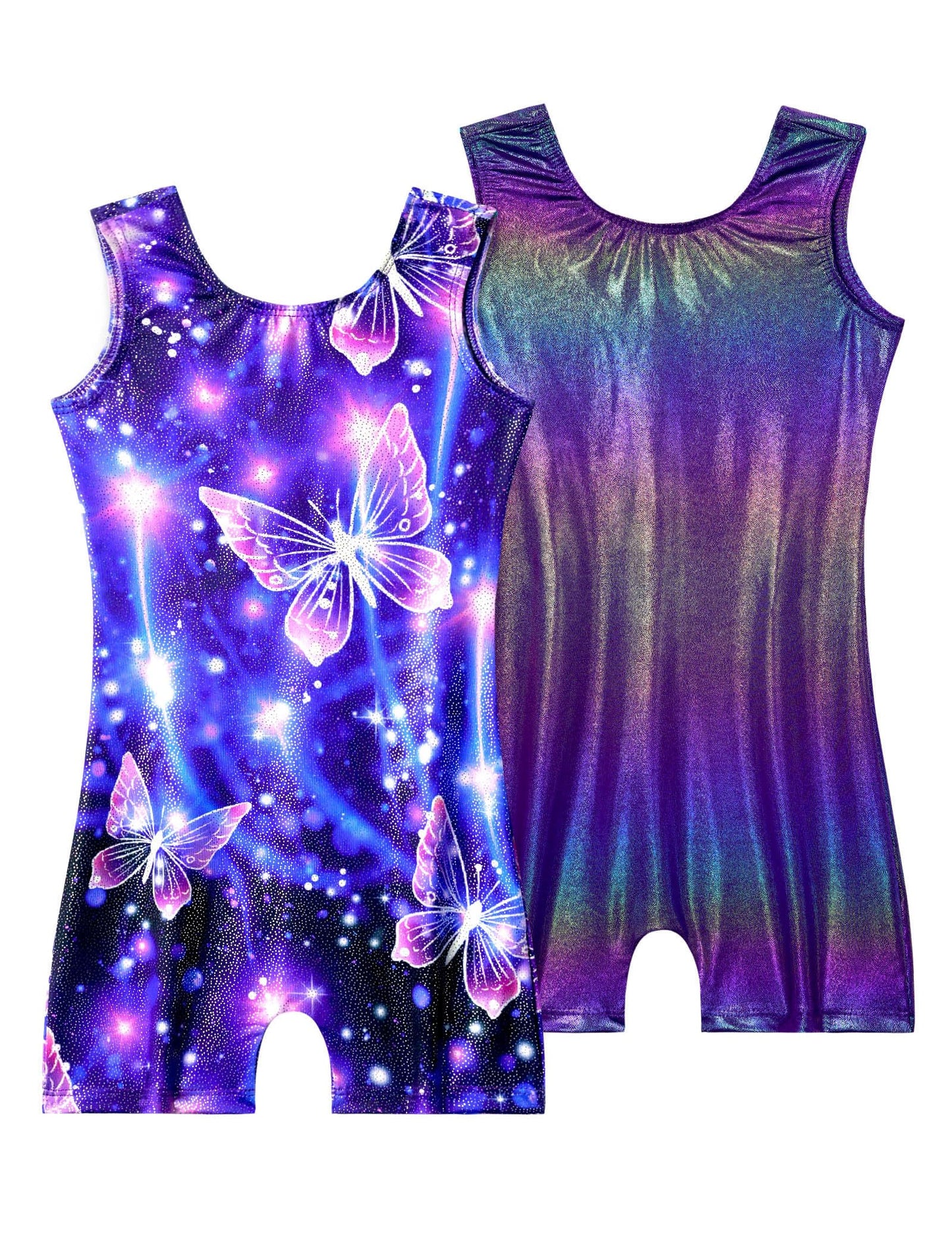 Nokecina Girls Leotards for Gymnastics Size 5-6 Years Old 2 Packs Shiny Purple Butterfly Biketards Pro Gym Outfit