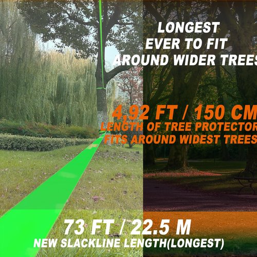 LONGLC Slackline Kit | Longer 73 ft Line with Training Line | Tree Protectors, Arm Trainervand Carry Bag | Tight Rope Slack Lines for Backyard | Children, Adults Green