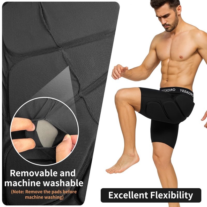 YEEKORO 3D Protective Padded Shorts for Snowboard, Ski and Skate, Protection Pads for Tailbone, Hip, and Butt, Crash Pad Impact Gear (M) Black