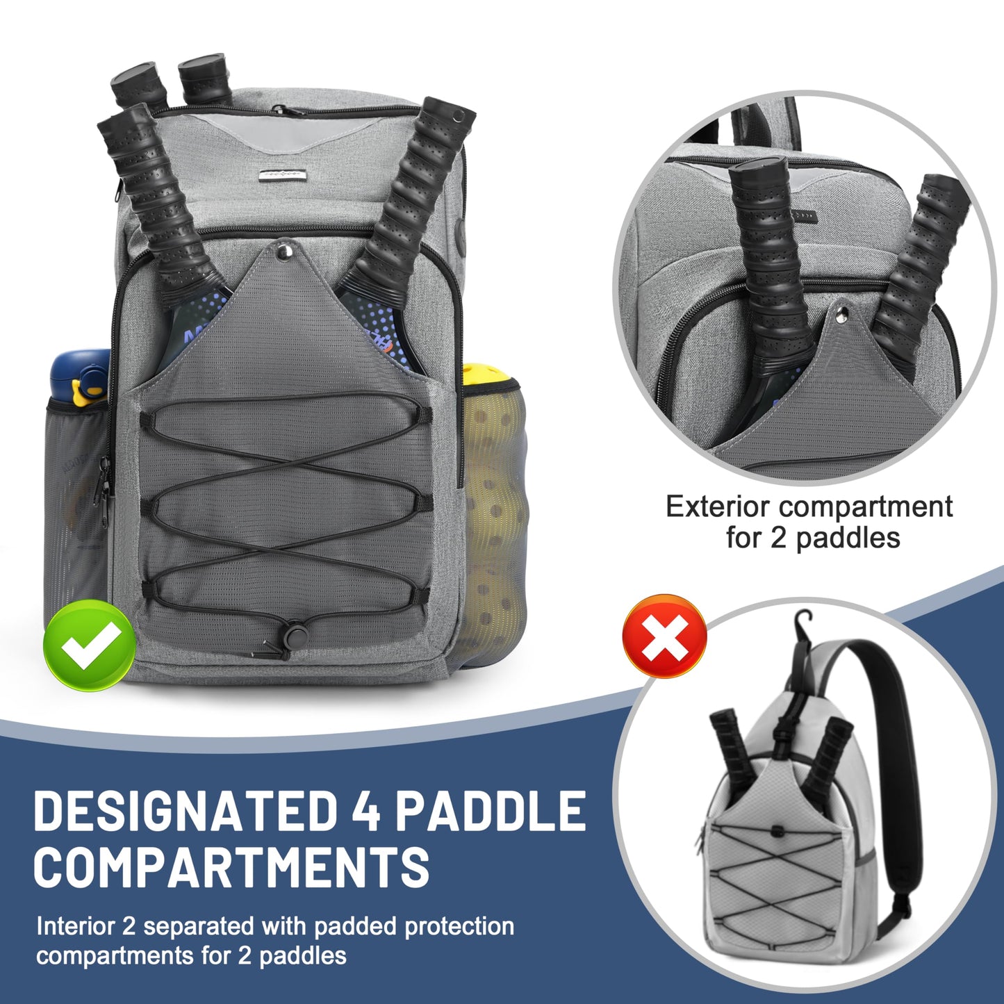 DerHutzucker Pickleball Bag - Men's & Women's Pickleball Backpack, Adjustable Sling Bag with Large Capacity/Safety Pocket Ventilated Racket Compartments, Gray