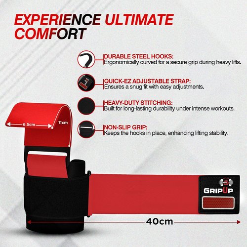 GripUp Weight Lifting Hooks – Heavy Duty Gym Straps for Deadlifts, Pull-Ups, Rows & Strength Training Secure Grip Support for Weightlifting, Powerlifting CrossFit Nylon & Neoprene Padding (Red)