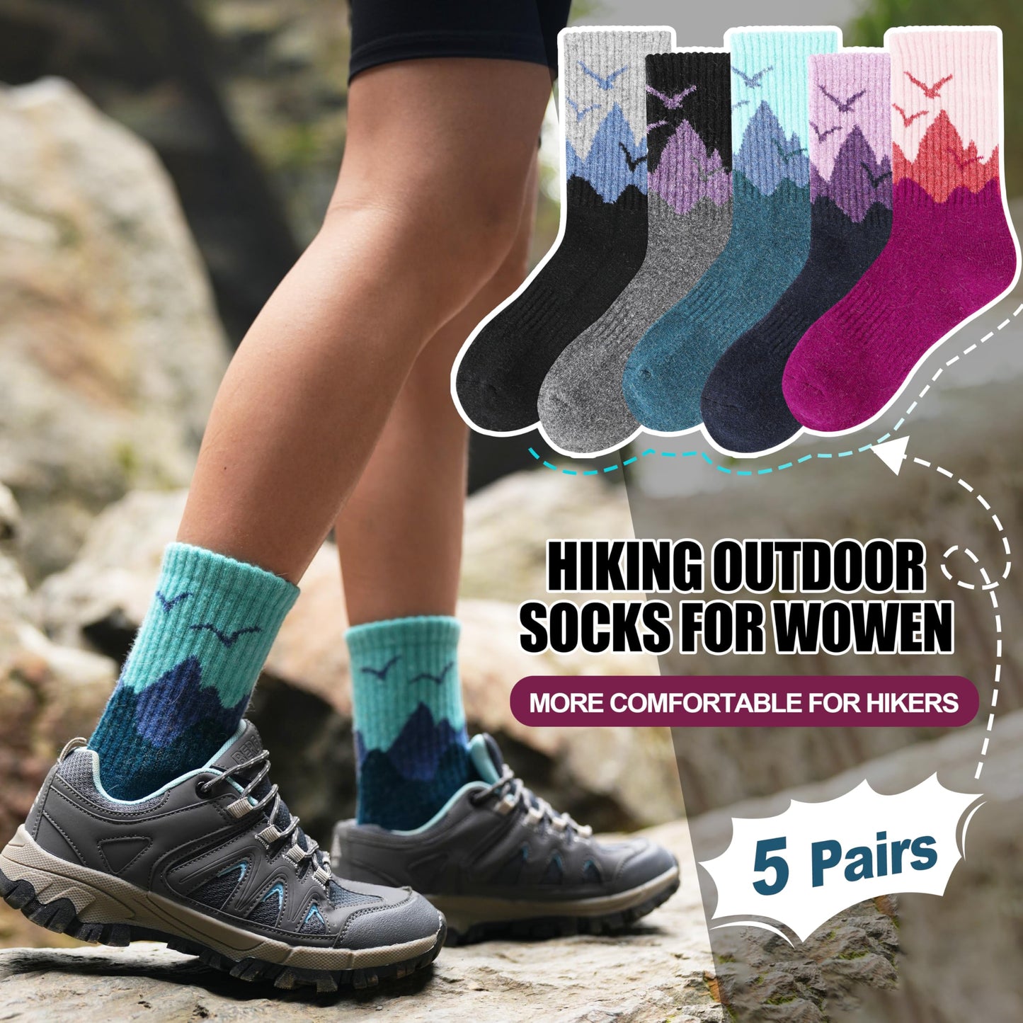 EBMORE Womens Merino Wool Hiking Socks Thermal Warm Winter Boot Crew Cushion Work Gift Socks 5 Pairs(Dark Gray/Black/Rose Red,L)