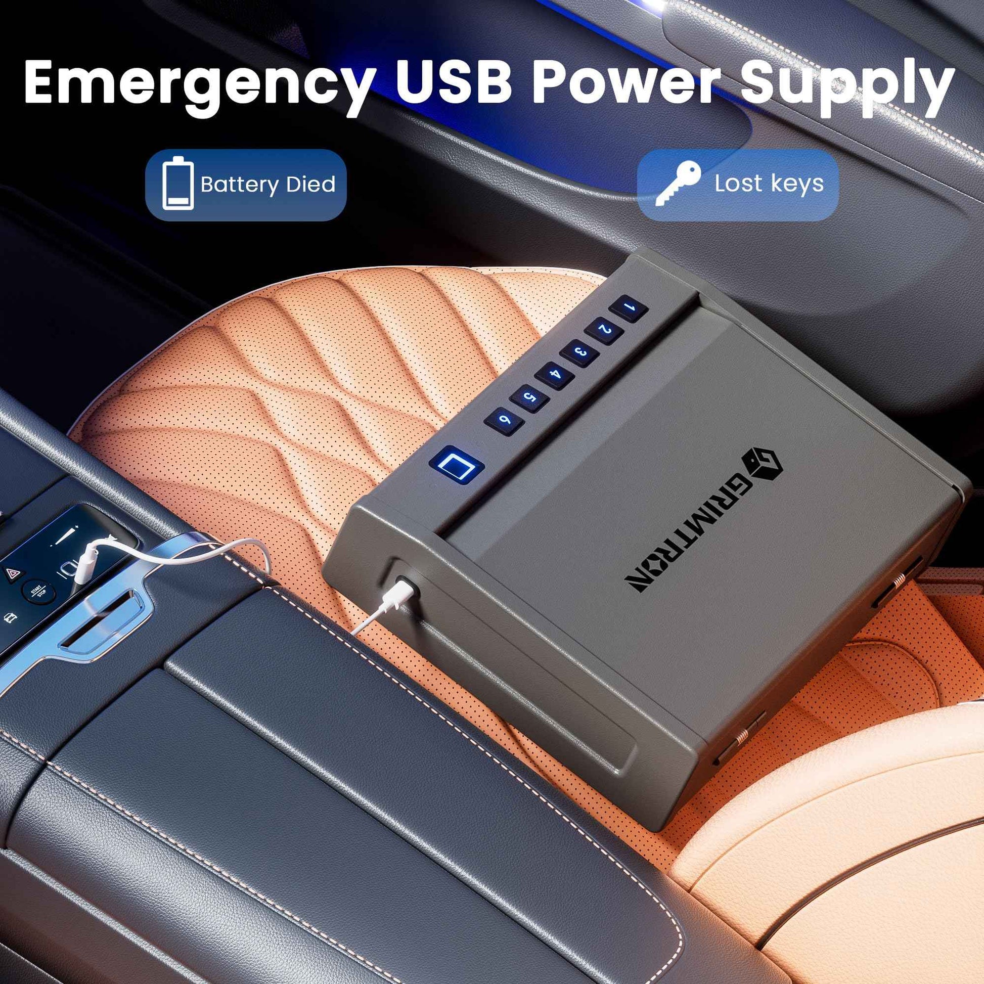 Grimtron Biometric Gun Safe for Handgun – Quick Access Pistol Safe with 100 Fingerprints, Backlit Keypad & Backup Keys – Gun Lock Box for Nightstand, Bedside, Car, Truck & Vehicle Use