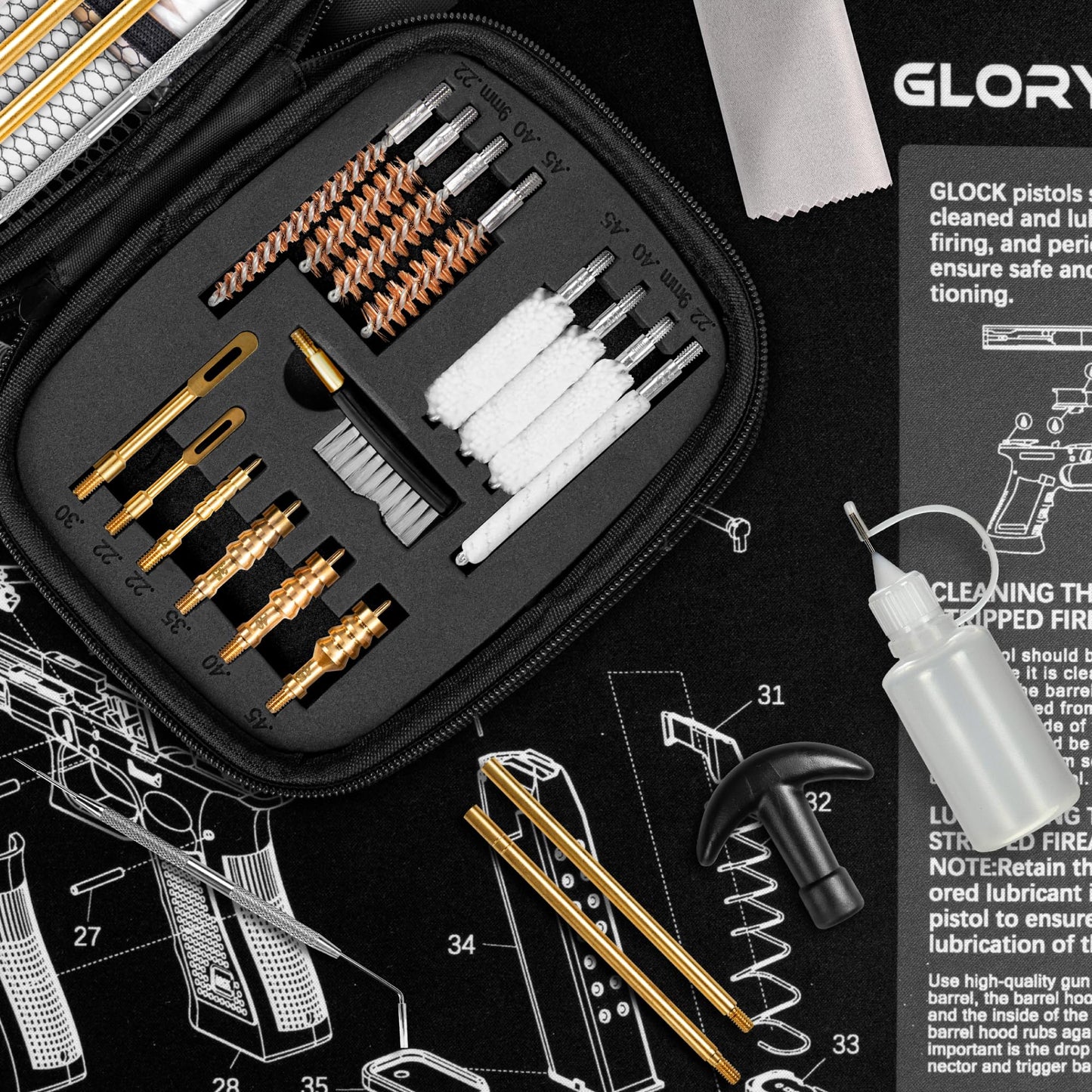 GLORYFIRE Gun Cleaning Kit Fits .22 .357/9mm .38 .40 .45 Cal Handguns & Pistols Compact Carrying Case Multiple Styles with Brass or Plastic Jags & Tips for Shooting and Range (Tactical Onyx)