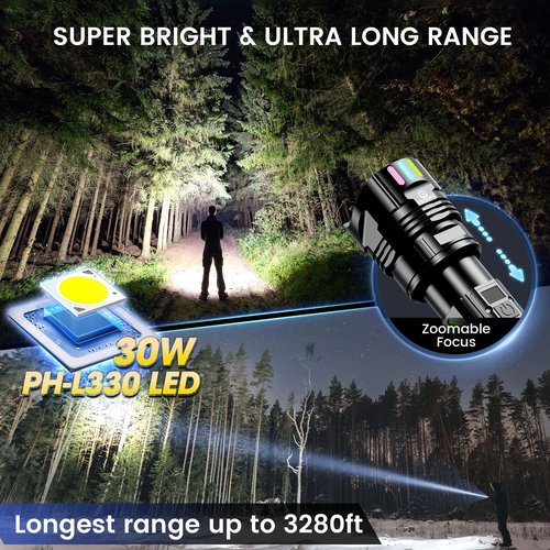 Esgofo Rechargeable Flashlights High Lumens 90,000 Long Range 3280FT, Super Bright Handheld Strong LED Flashlight Long Lasting 15H, Powerful Flash Light USB C, Zoomable 5 Modes, for Camping Hiking