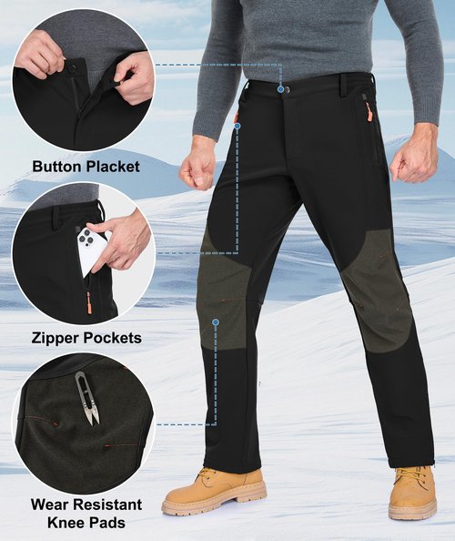 Zoofly Mens Winter Pants Waterproof Thermal Snow Pants Warm Fleece Lined Hiking Pants with Zip Pockets Black