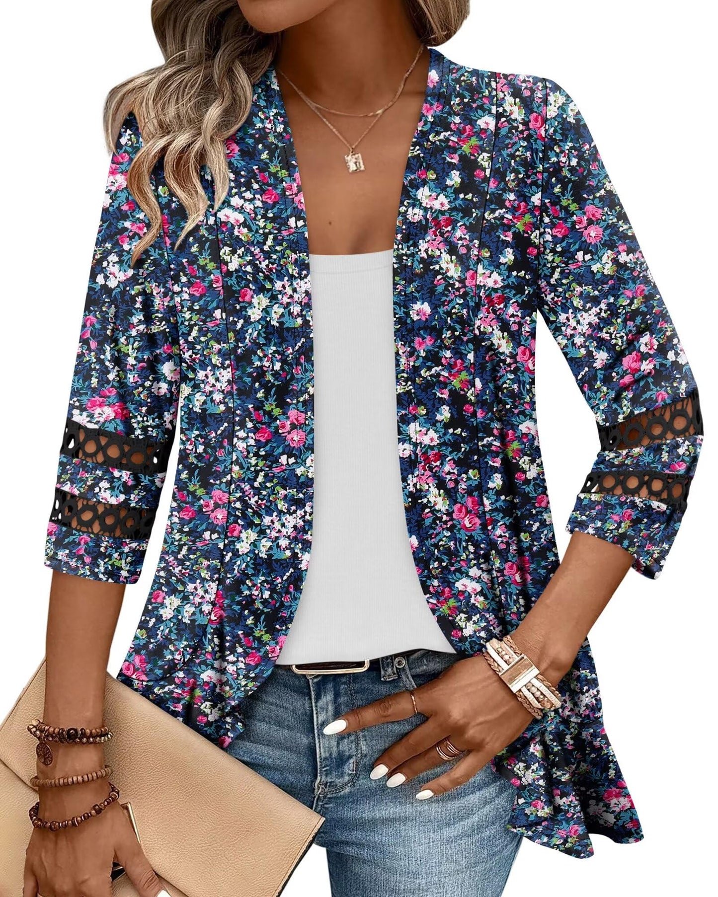Magritta Flowy 3/4 Sleeve Cardugans Women's Cardigan for Weekend Outing - Blue Floral (L, Cherry)
